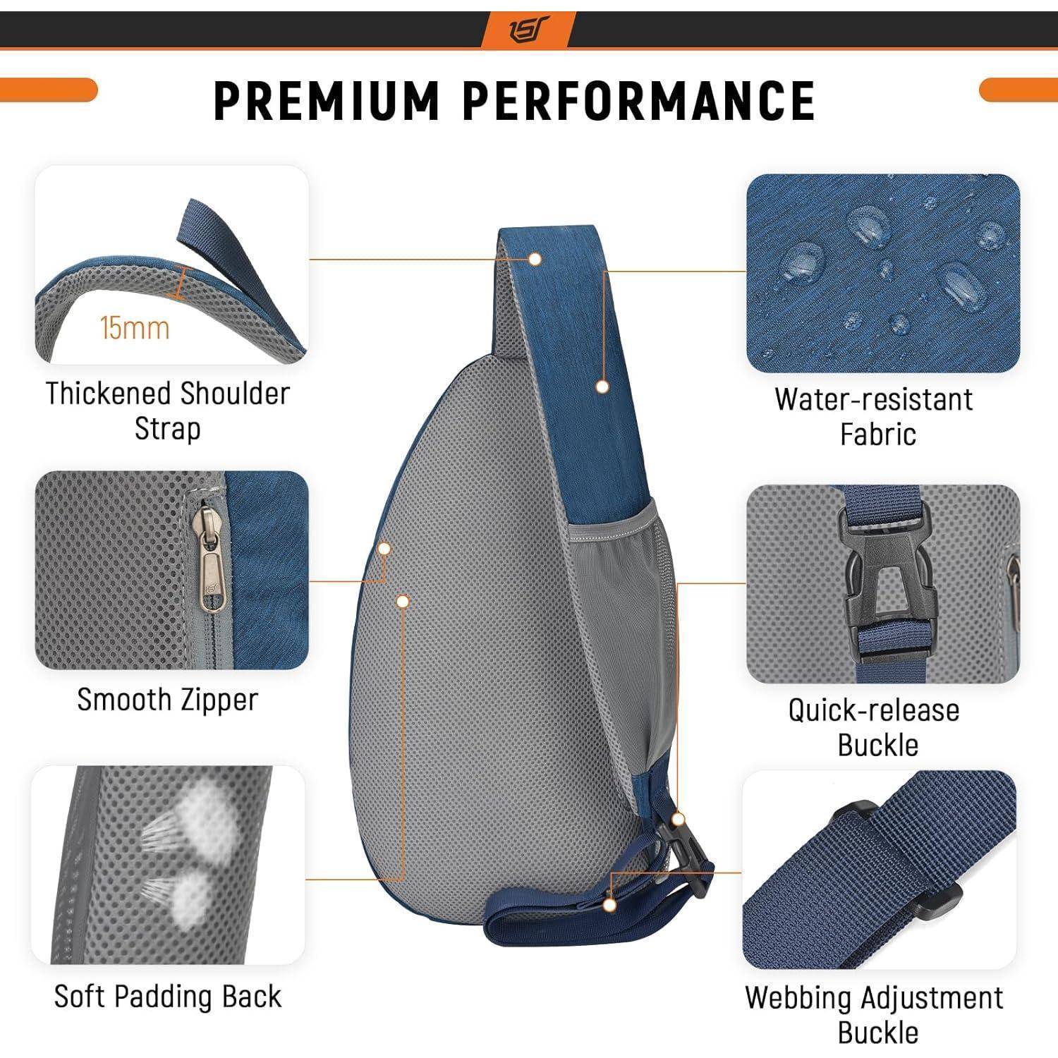 Umhängetasche mit 'Premium Performance' Merkmalen: verstärkter Schultergurt, gleitender Reißverschluss, weich gepolsterter Rücken, wasserabweisendes Gewebe, schnell zu öffnende Schnalle, verstellbare Gurtschnalle.