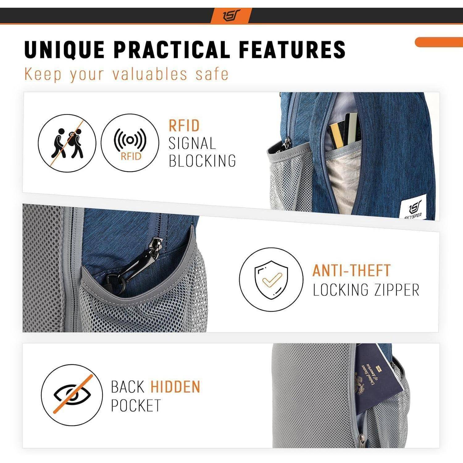 Einzigartige praktische Eigenschaften' umfassen RFID-Signalblockierung, diebstahlsicheren Reißverschluss und eine versteckte Rückentasche zum sicheren Aufbewahren von Wertsachen.