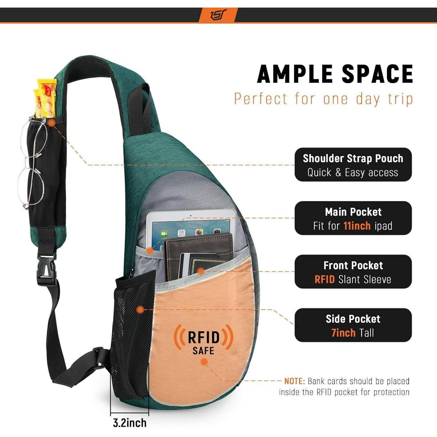 Brusttasche Herren Crossbody RFID 3.9 x 7.5 x 15.4 inches Grün