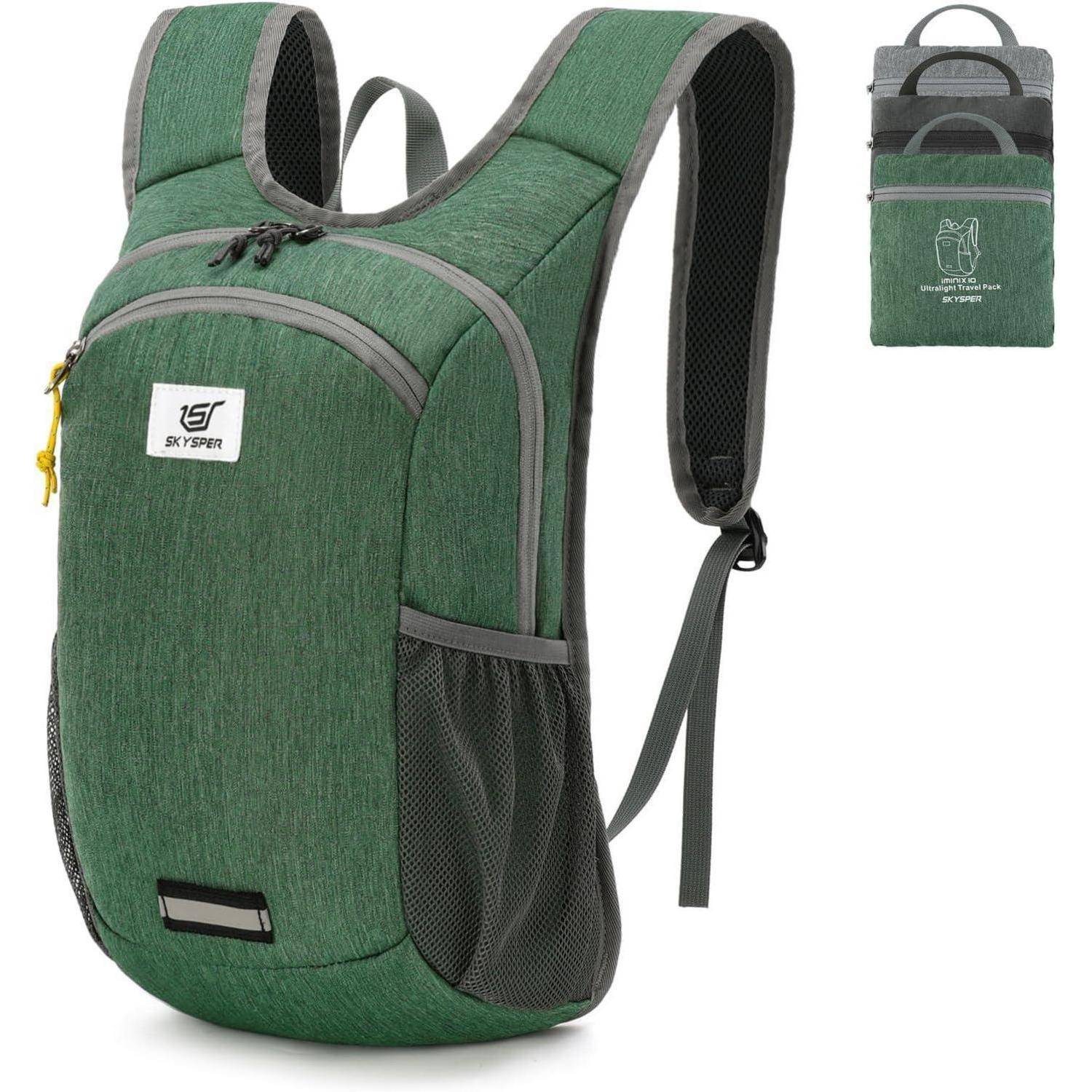 Ein grüner, leichter Rucksack mit Netz-Seitentaschen und einer kleinen Fronttasche ist im Bild oben rechts zusammengefaltet, wodurch seine Kompaktheit hervorgehoben wird.