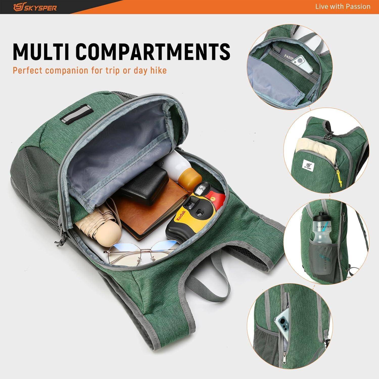 Grüner Rucksack geöffnet mit Fächern, die eine Kamera, ein Buch und eine Flasche enthalten; enthält kleinere Bilder, die verschiedene Taschen zeigen. Text: 'Mehrere Fächer'.