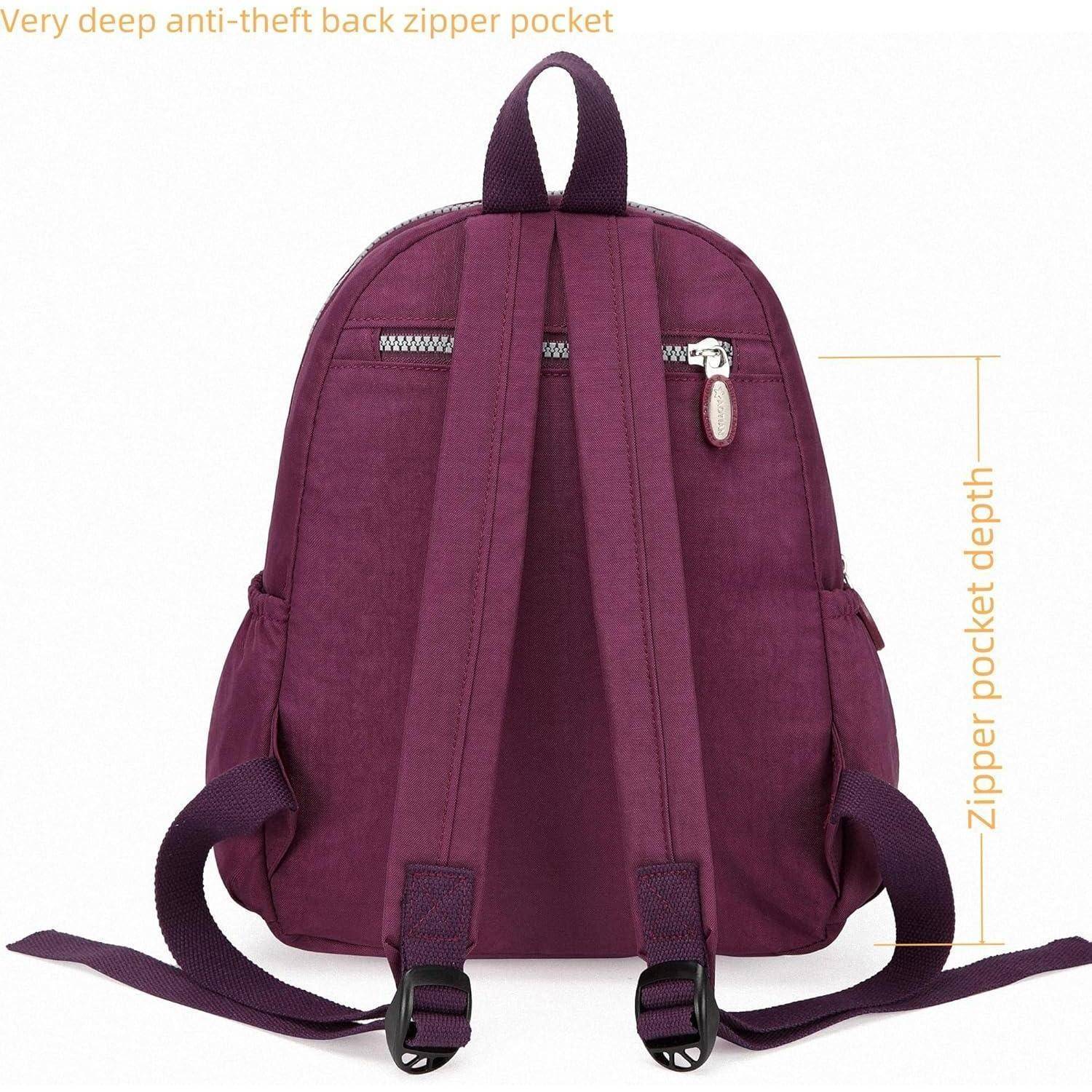 Ein lila Rucksack von hinten gezeigt, mit einem tiefen, sicheren Reißverschlussfach am Rücken und einer Maßlinie, die seine Tiefe verdeutlicht.