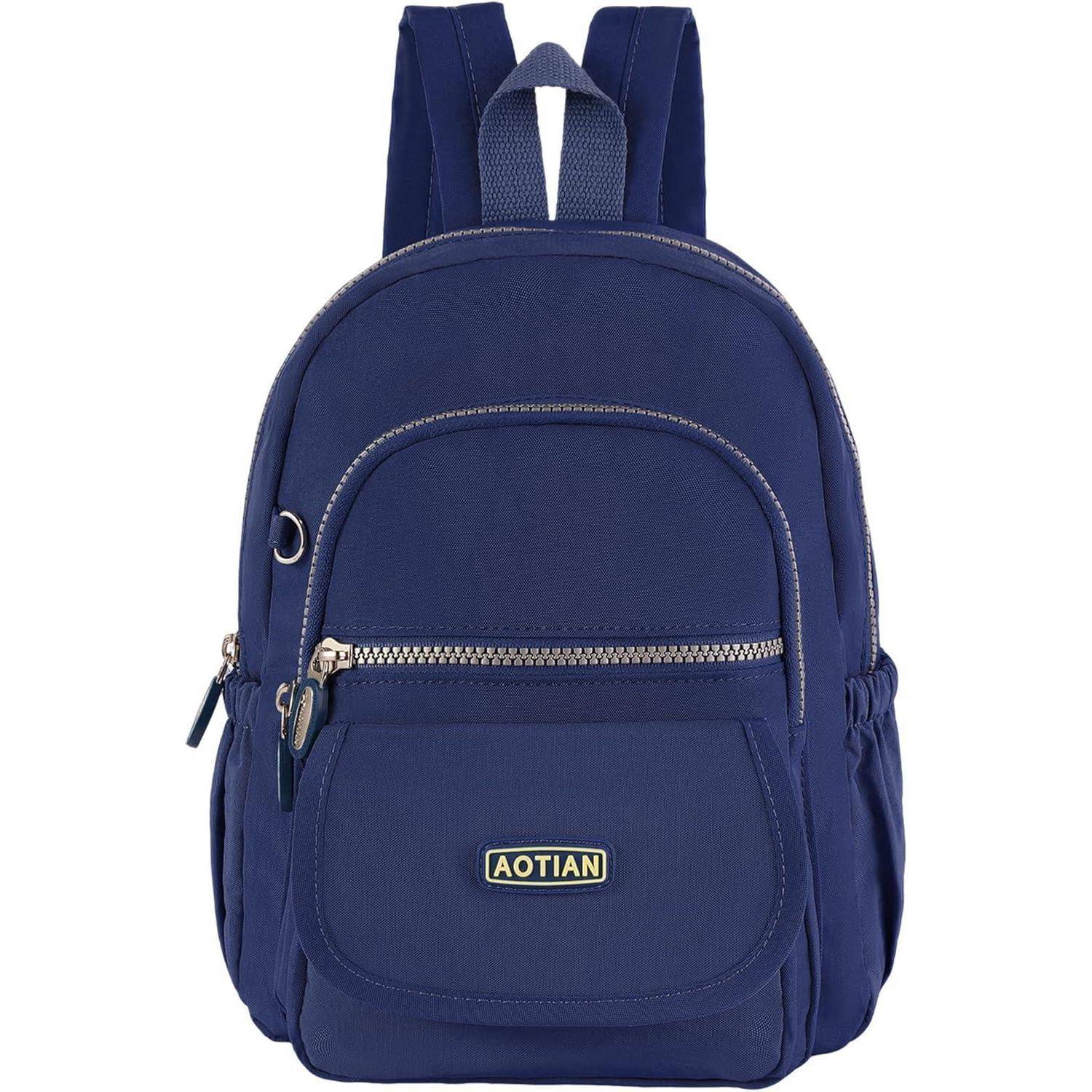 Ein marineblauer Rucksack mit mehreren Fächern und einer Reißverschlusstasche an der Vorderseite, mit der Aufschrift 'AOTIAN.