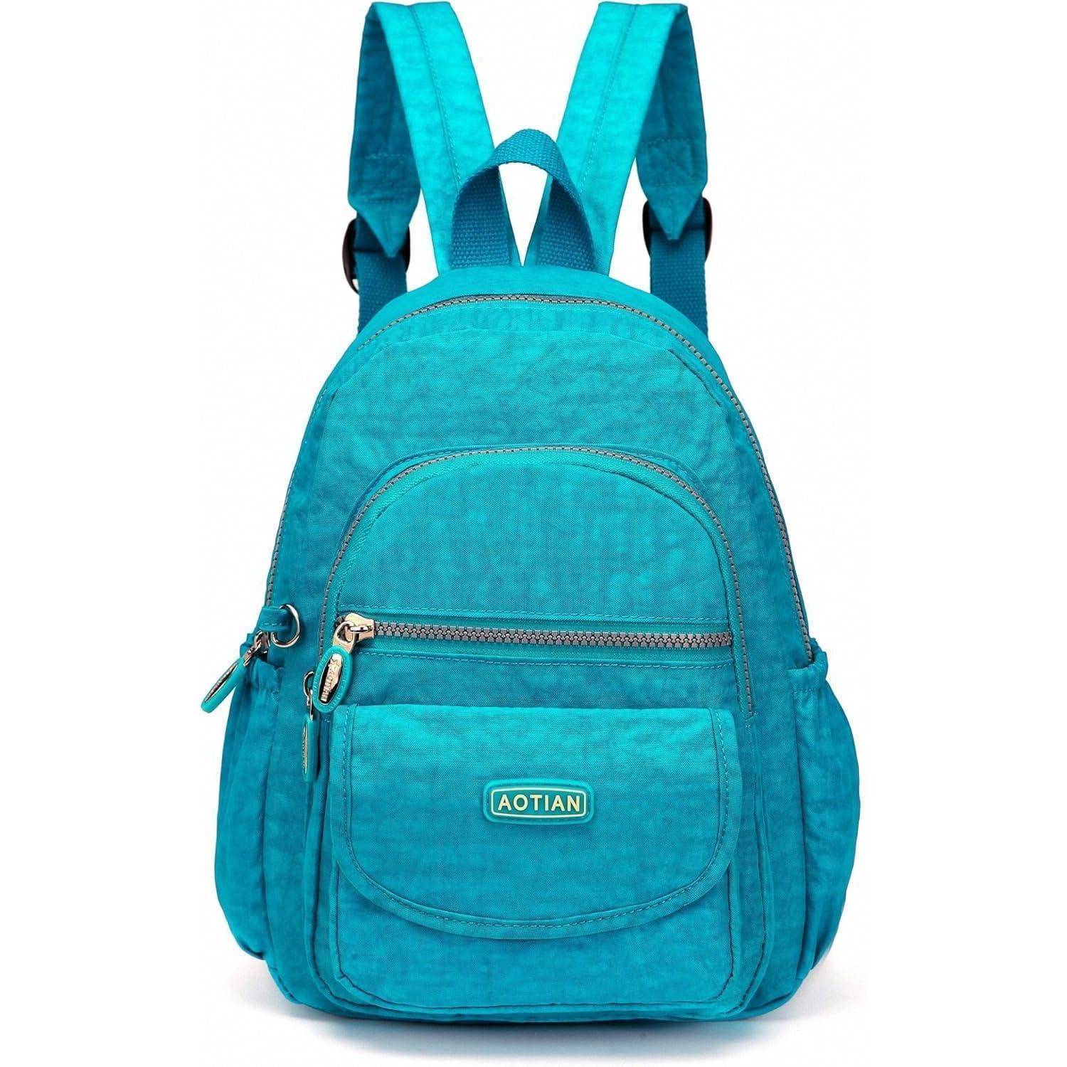 Ein leuchtend türkisfarbener Rucksack mit verstellbaren Trägern, Fronttaschen und einem Reißverschluss zur Verschließung am oberen Ende. Die Marke 'Aotian' ist auf einem Etikett sichtbar.