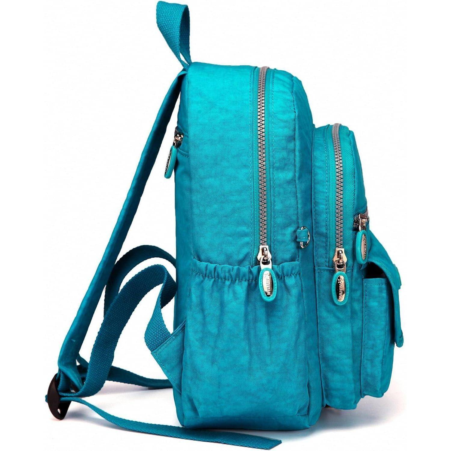 Ein türkisfarbener Rucksack mit zwei Reißverschlussfächern und Taschen, ausgestattet mit verstellbaren Schultergurten und einem seitlichen Flaschenhalter, von der Seite betrachtet.