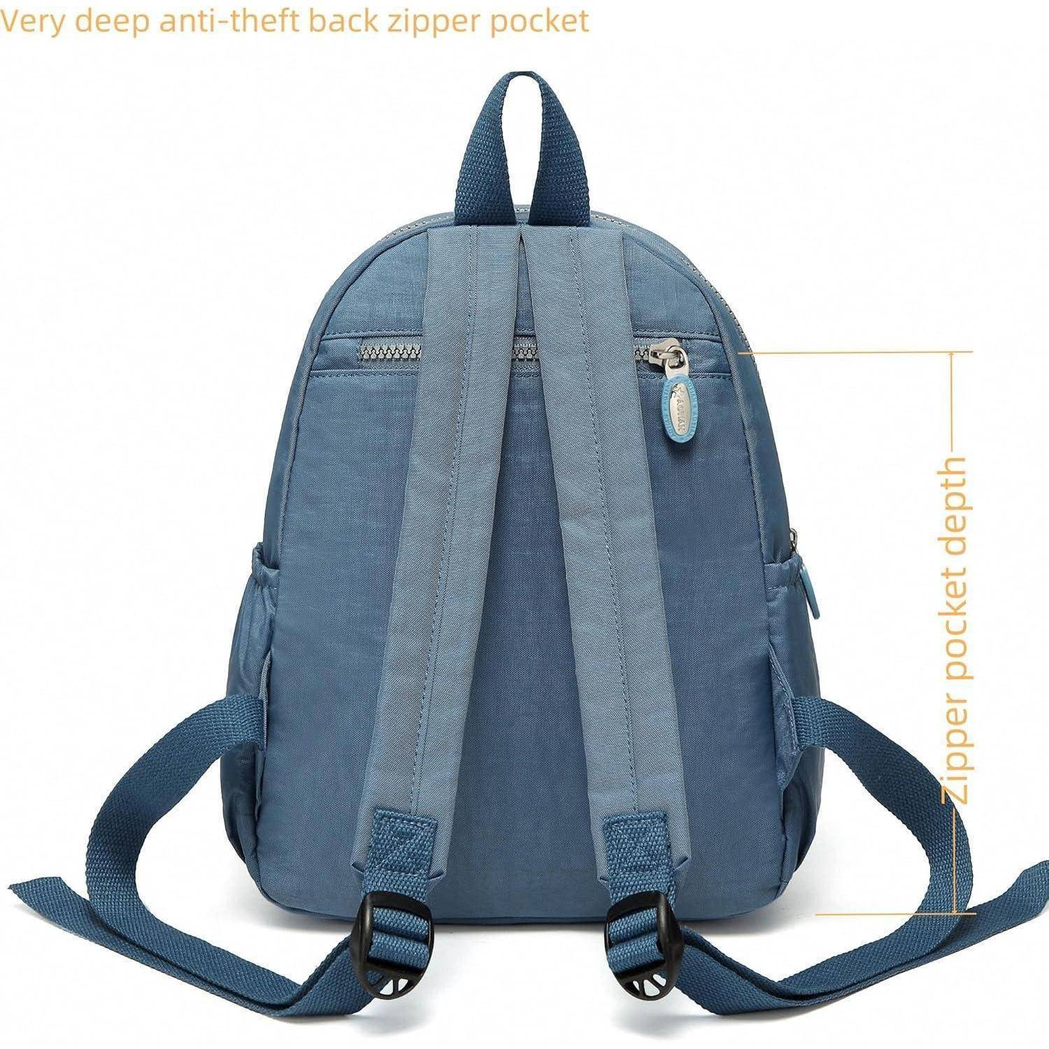 Blauer Rucksack mit verstellbaren Trägern, von hinten gezeigt. Eine Beschriftung weist auf eine „sehr tiefe Diebstahlsichere Reißverschlusstasche im Rückenbereich