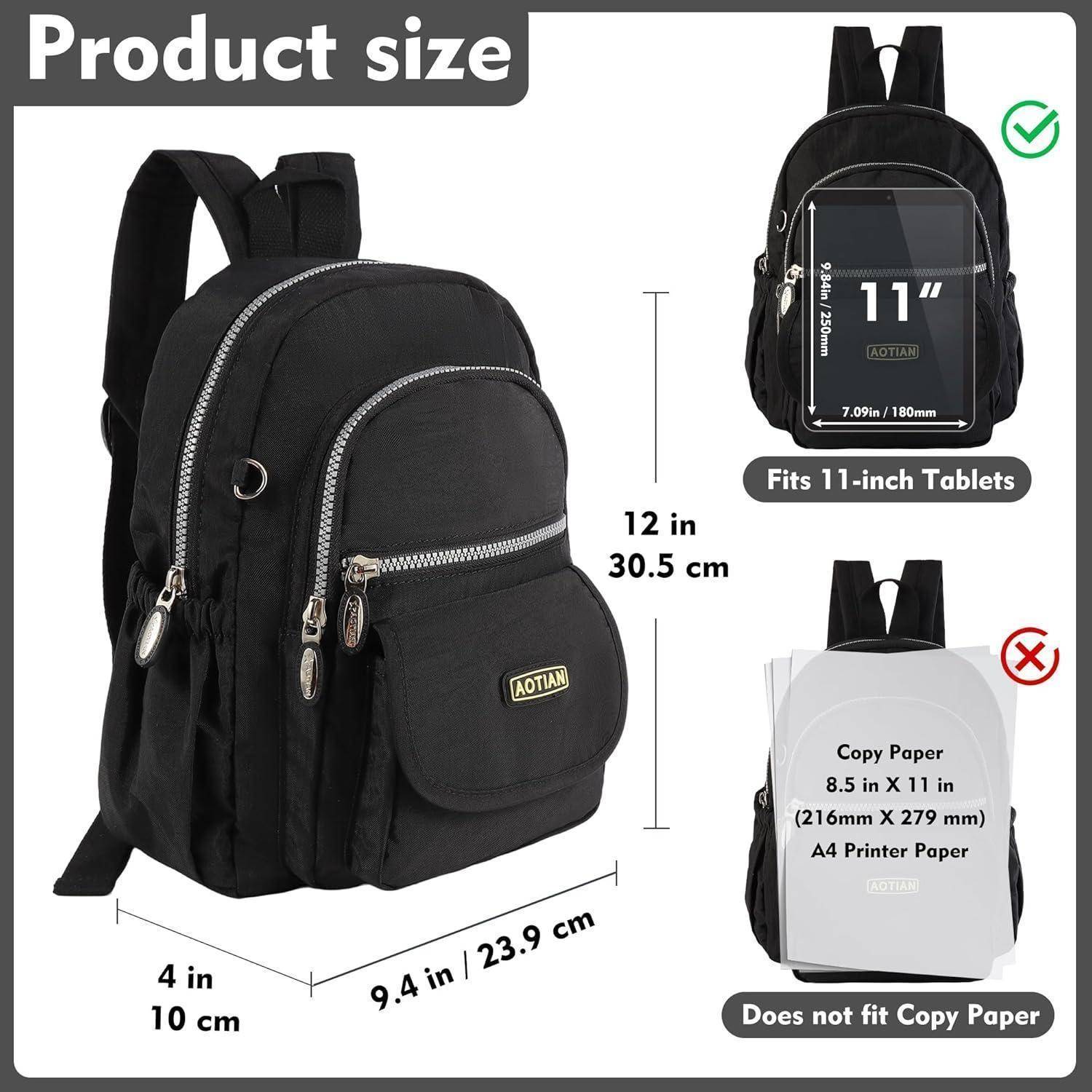 Schwarzer Rucksack Abmessungen: 12 Zoll (30,5 cm) hoch, 9,4 Zoll (23,9 cm) breit, 4 Zoll (10 cm) tief. Passt für 11-Zoll-Tablets, nicht für A4-Papier.