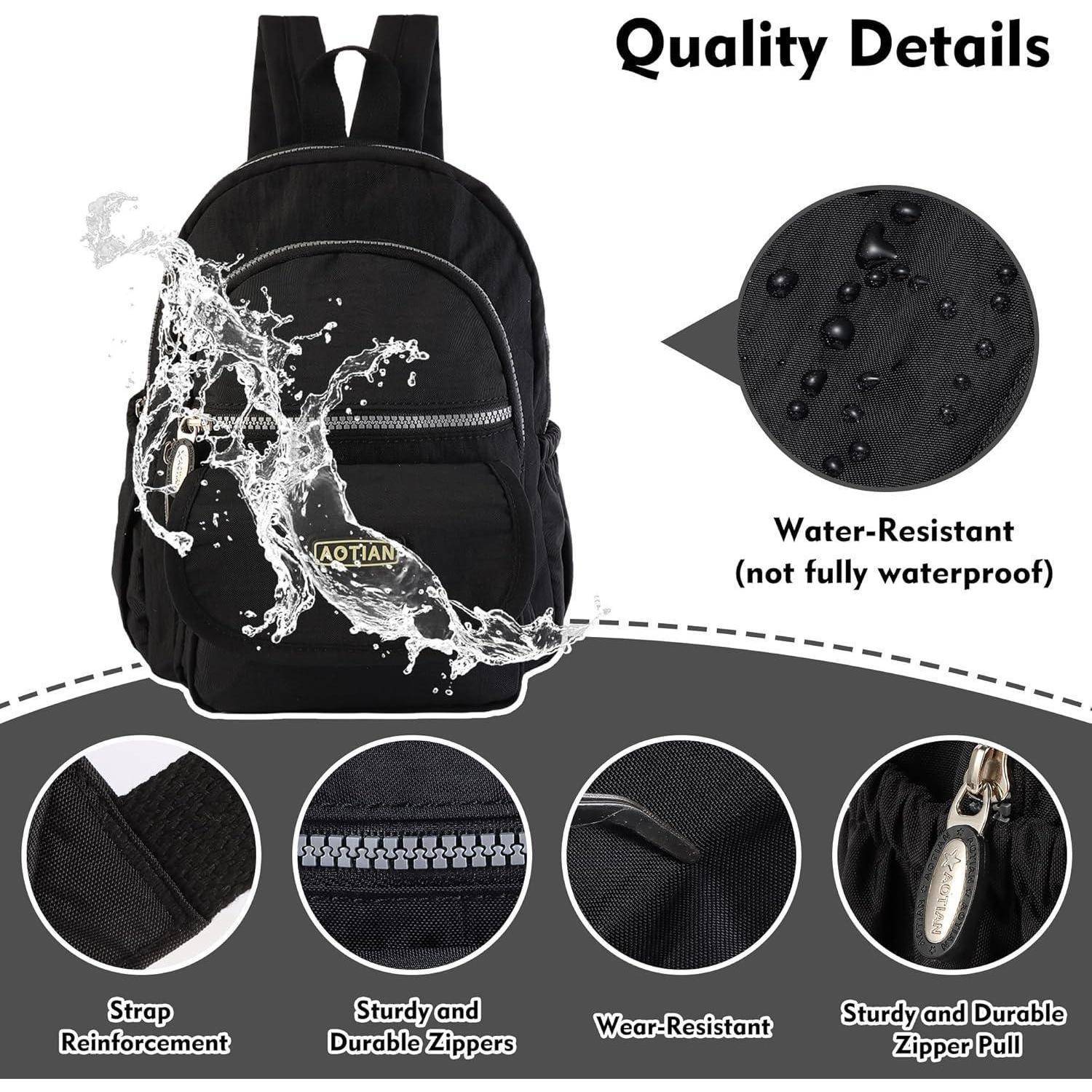 Schwarzer Rucksack mit 'Quality Details'. Merkmale umfassen Wasserresistenz (nicht vollständig wasserdicht), verstärkte Träger, robuste Reißverschlüsse, Verschleißbeständigkeit.