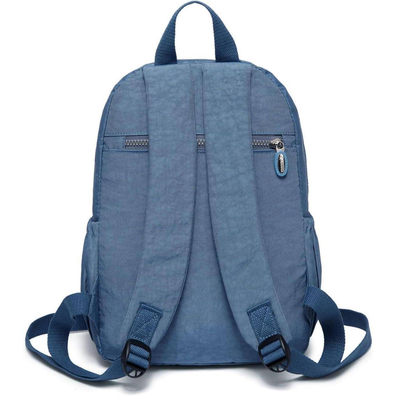 Ein blauer Rucksack mit zwei verstellbaren Schultergurten und einem Griff oben, mit einer Reißverschlusstasche auf der Rückseite.