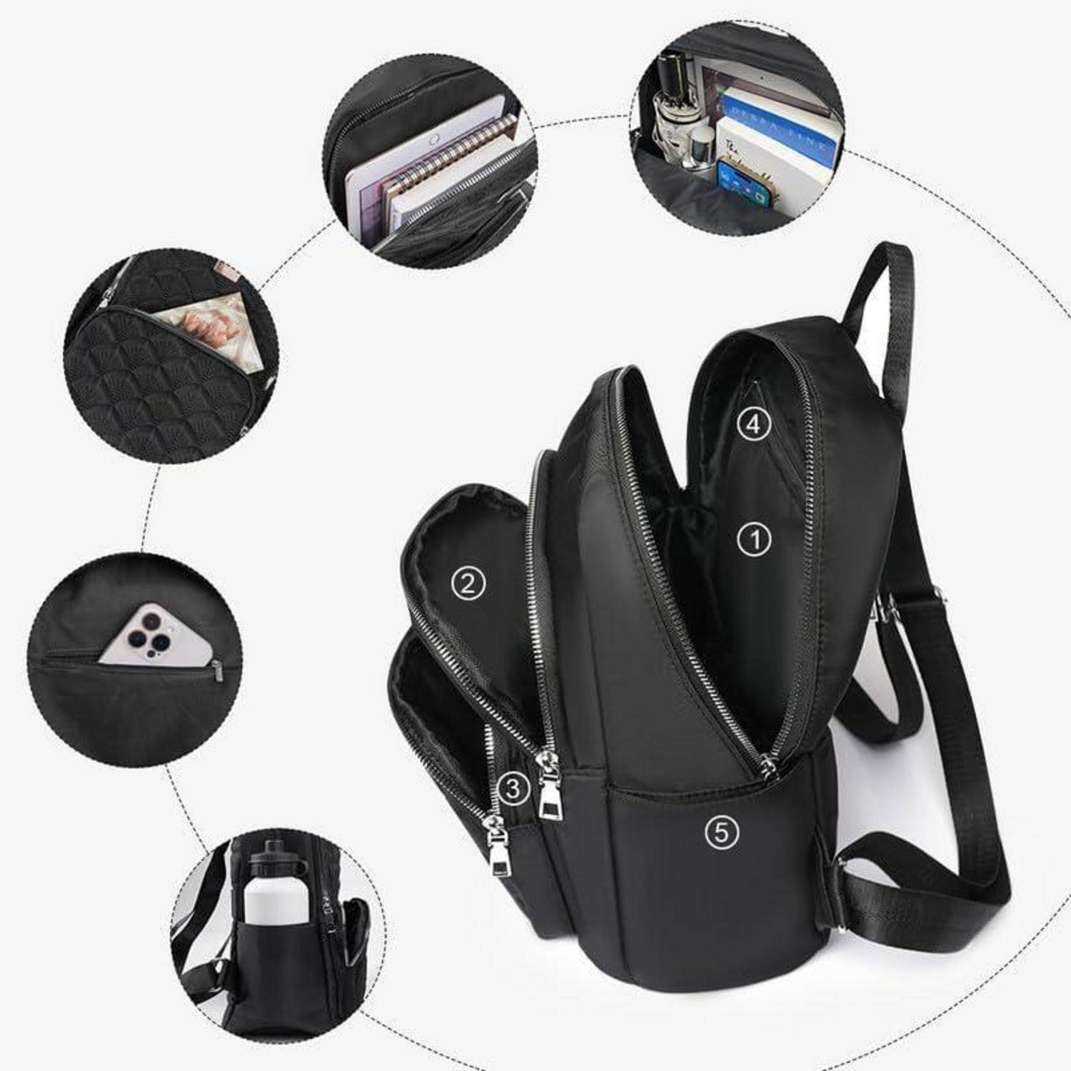 Rucksack Damen Wasserdicht Klein Nylon Anti Thef B-schwarz