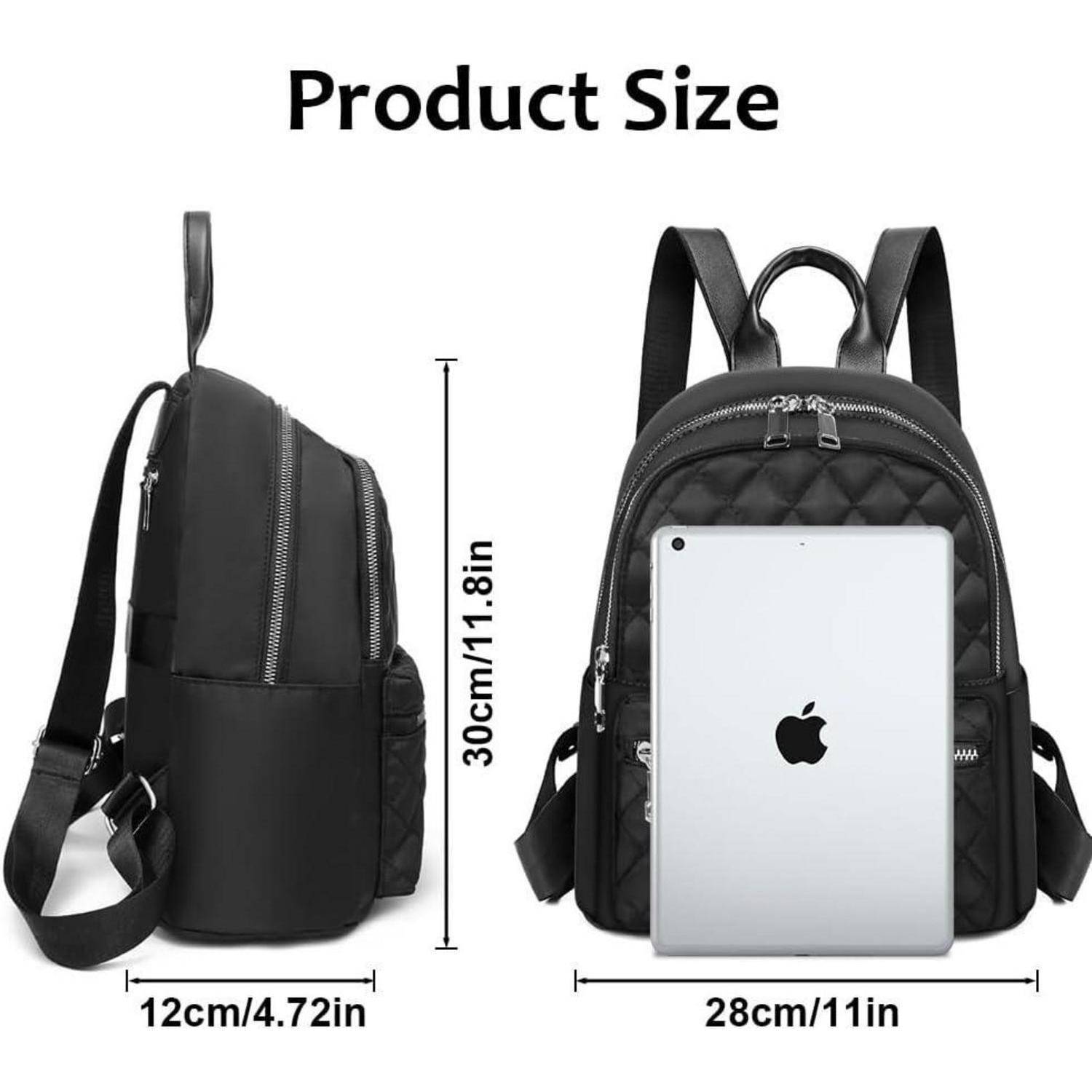 Die Abbildung ‚Produktgröße' zeigt einen schwarzen Rucksack mit folgenden Abmessungen: Höhe 30 cm/11,8 Zoll, Breite 28 cm/11 Zoll, Tiefe 12 cm/4,72 Zoll, im Vergleich zu einem Tablet.