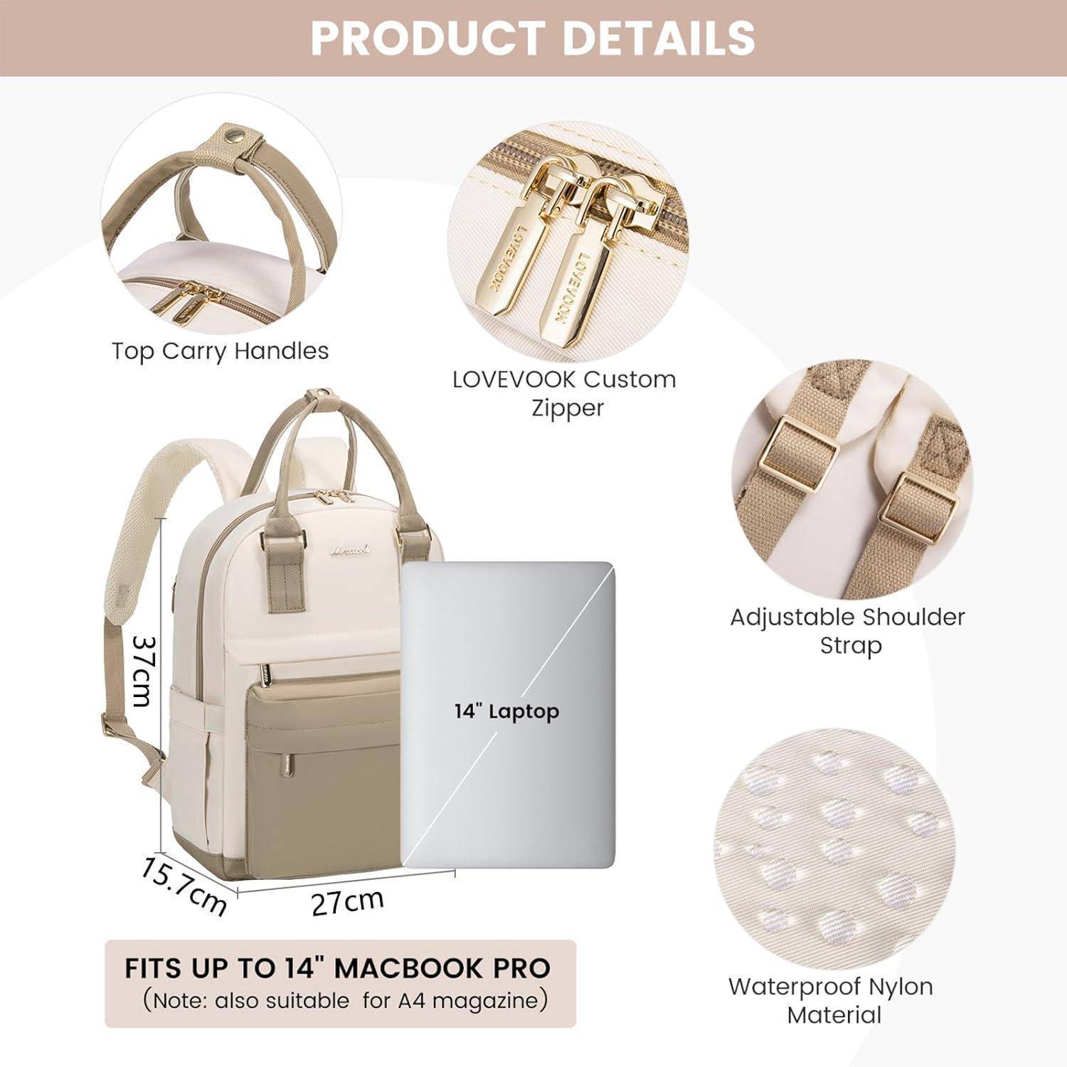 Rucksack Damen 14 Zoll Laptop Wasserdicht 14 Zoll A-khaki &amp; Beige