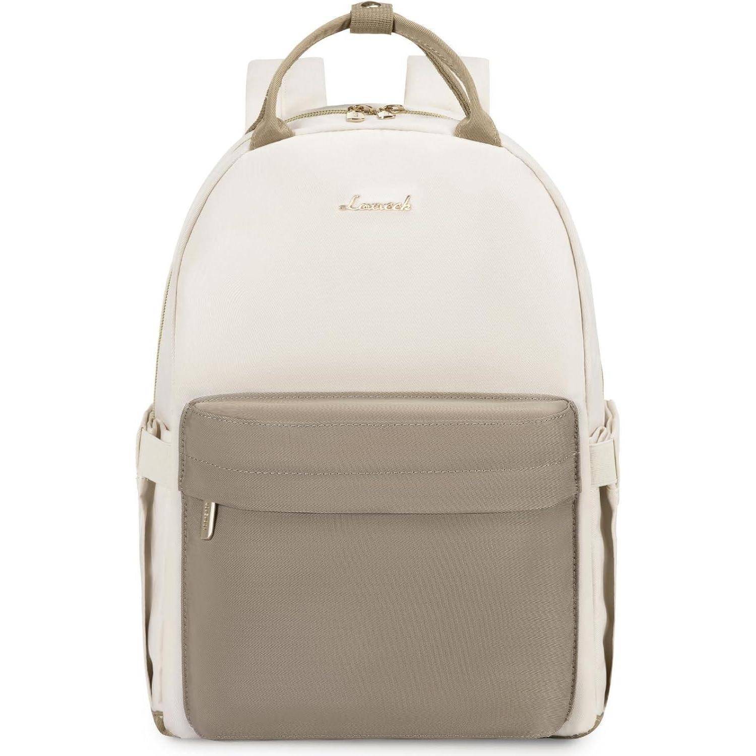 Ein stilvoller Rucksack mit einem beigen und braunen Design, ausgestattet mit einem Griff an der Oberseite und einer Reißverschlusstasche vorne.