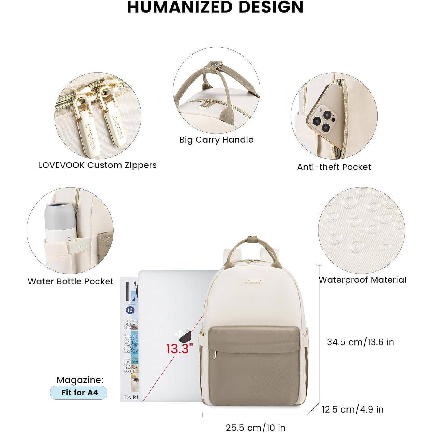 Rucksack-Merkmale: 'LOVEVOOK Spezial-Reißverschlüsse', 'Großer Tragegriff', 'Diebstahlsicheres Fach', 'Wasserflaschenhalterung', 'Wasserdichtes Material'. Abmessungen: 25,5 cm x 34,5 cm x 12,5 cm. Geeignet für A4-Formate.