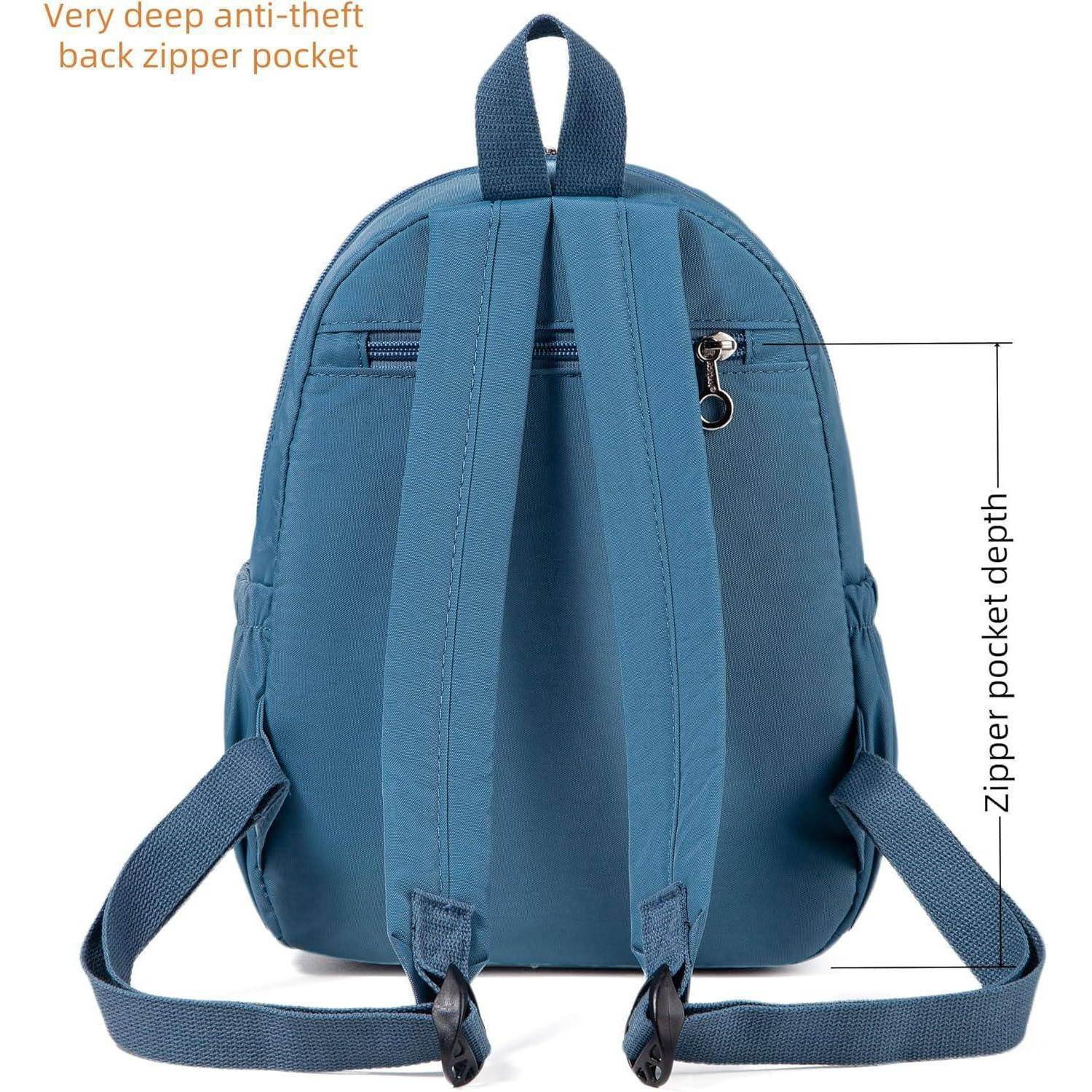 Blauer Rucksack mit verstellbaren Trägern und einer sehr tiefen Diebstahlsicheren Reißverschlusstasche auf der Rückseite. Die Tiefe der Tasche wird hervorgehoben.