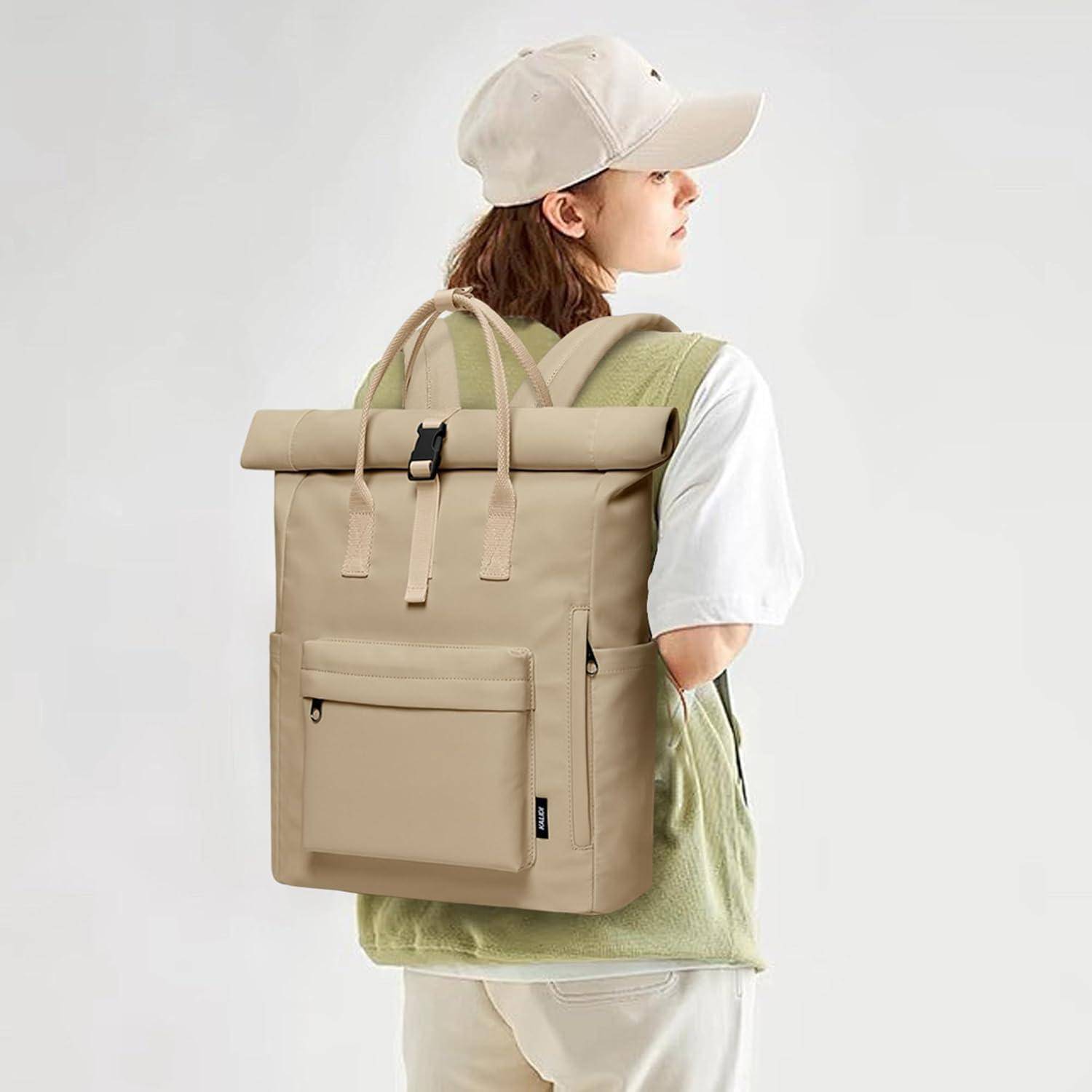 Rucksack Damen Herren Unisex Laptopfach Rolltop Wasserdicht Khaki