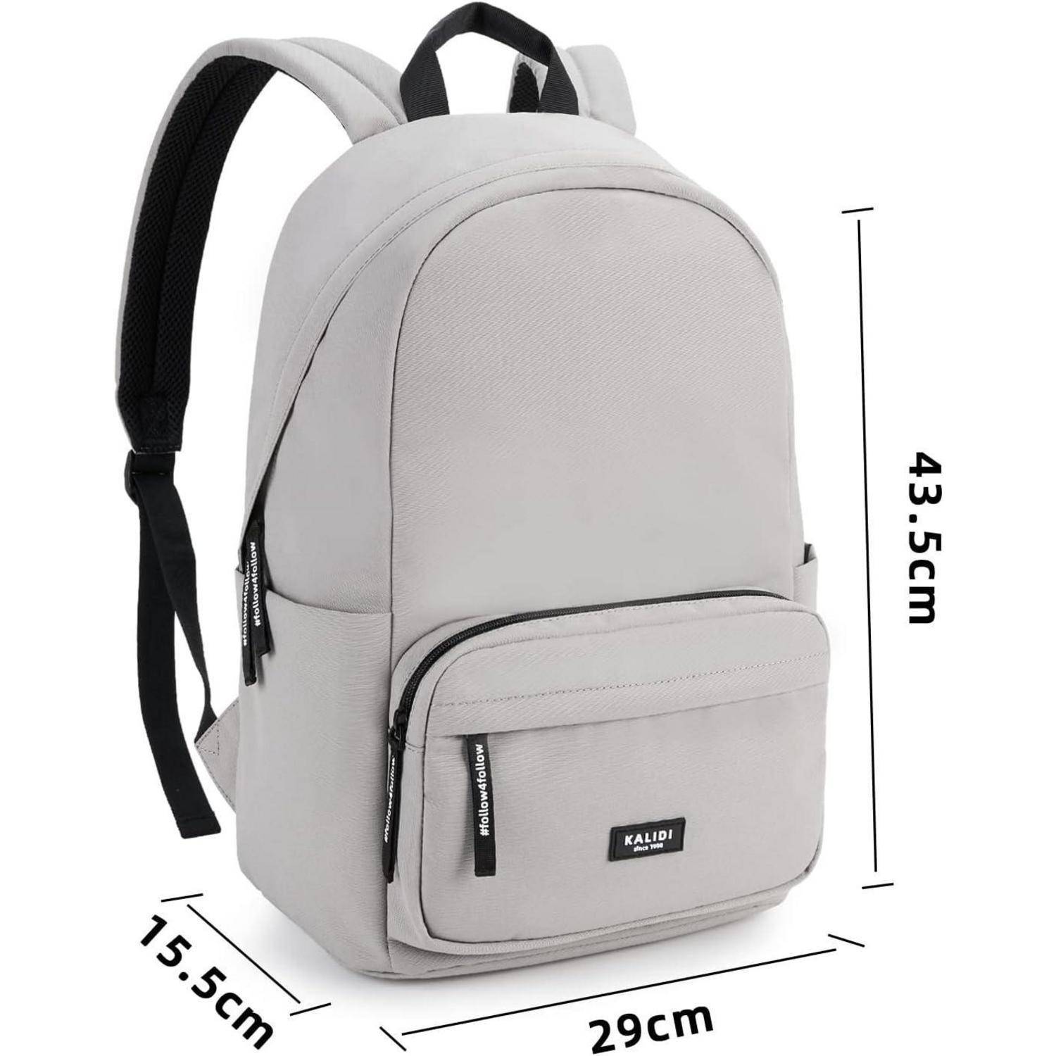 Hellgrauer Rucksack mit schwarzen Reißverschlüssen, Abmessungen: 43,5 cm hoch, 29 cm breit und 15,5 cm tief, geeignet für den täglichen Gebrauch.