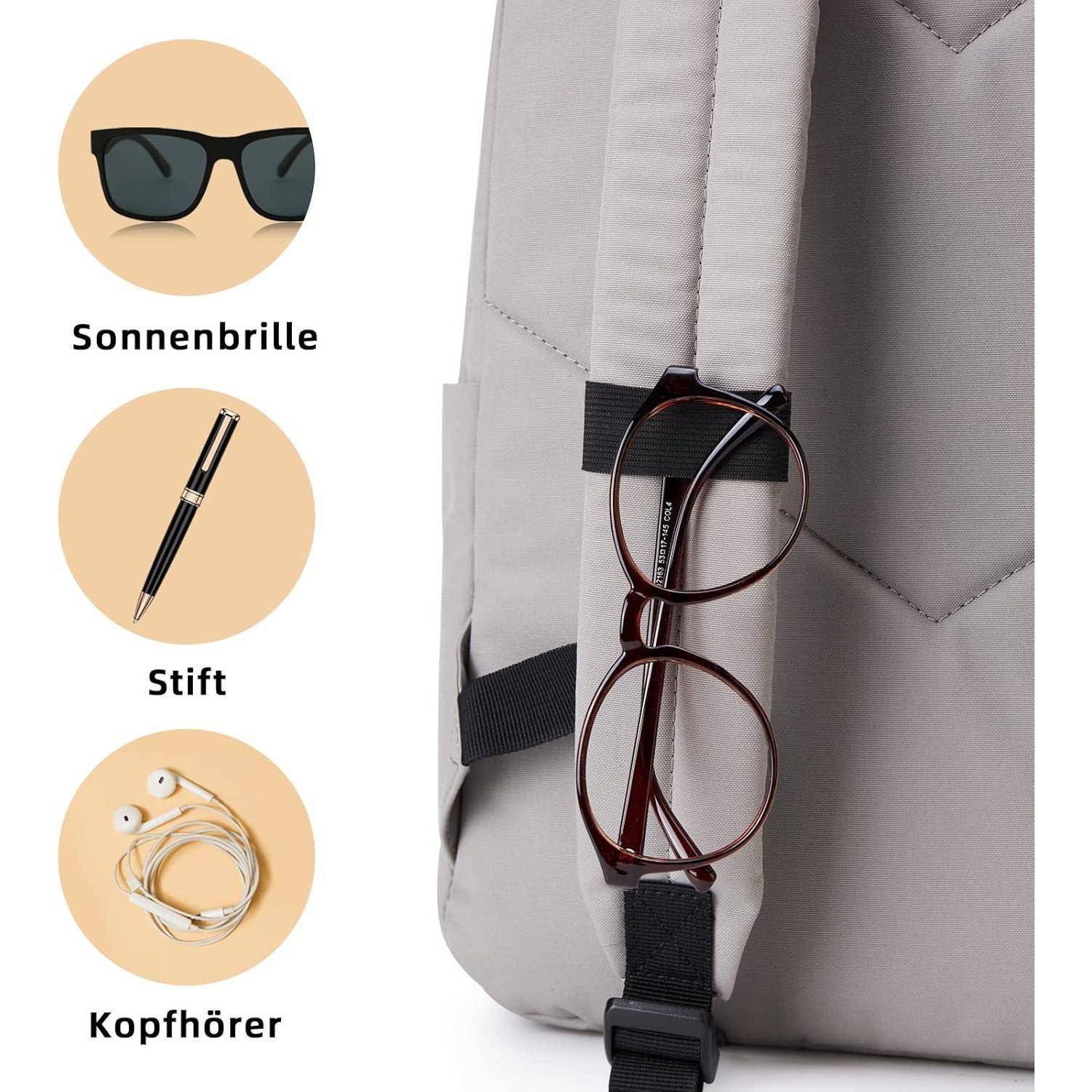 Eine Rucksack-Seitenansicht mit Sonnenbrille, Stift und Kopfhörern, mit Text auf Deutsch zu jedem Gegenstand beschriftet.