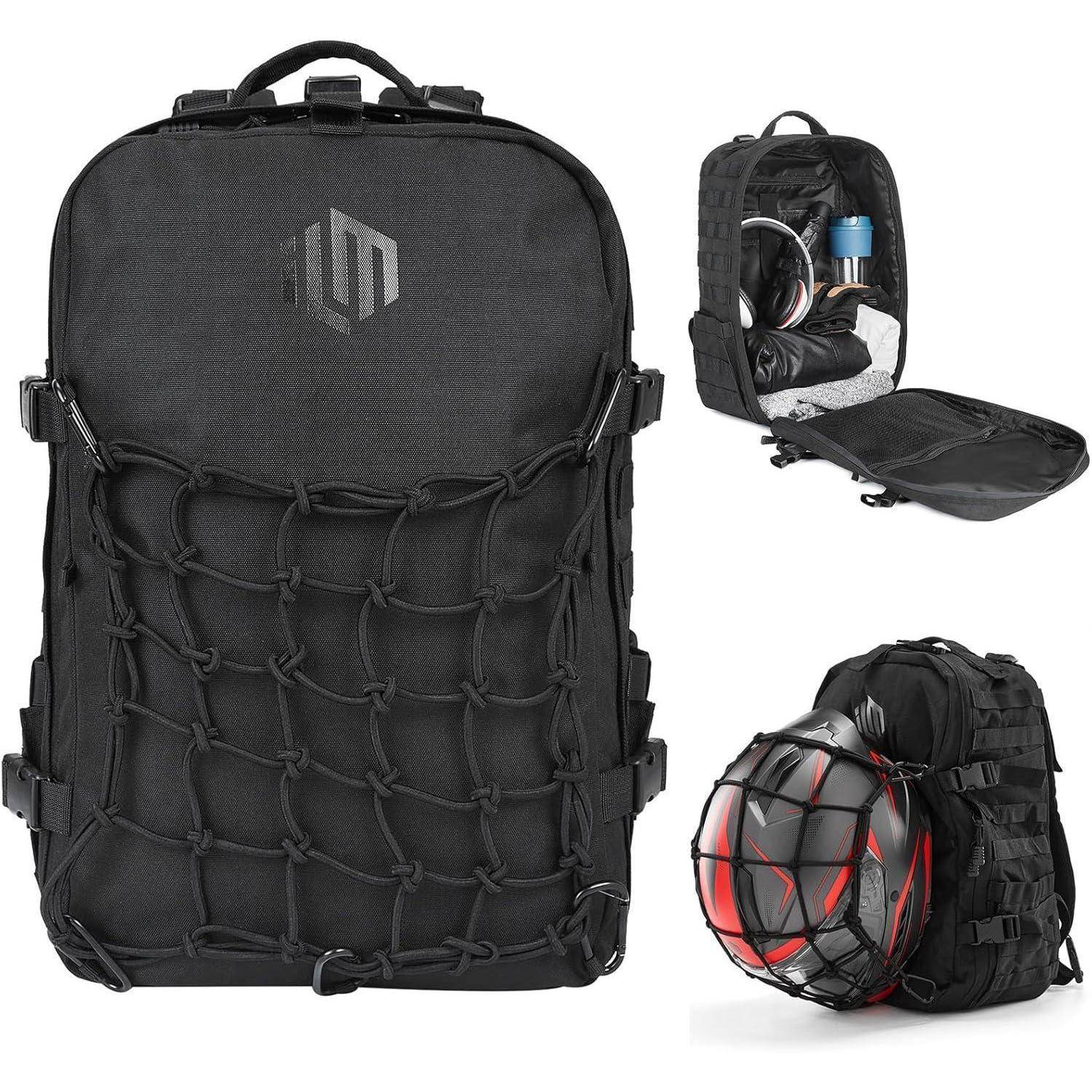 Ein schwarzer taktischer Rucksack mit einer externen Bungee-Schnur, einem Innenleben mit organisierten Fächern und einem an der Vorderseite befestigten Helm.