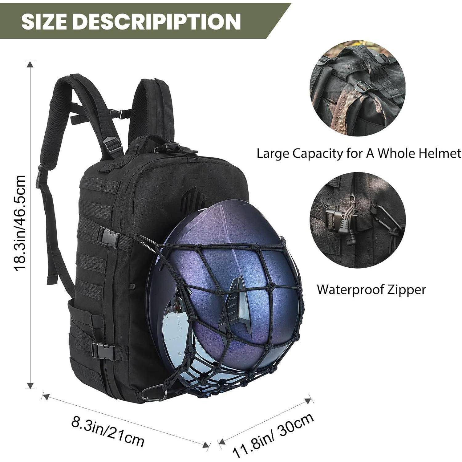 Rucksack mit Helmhalterung, wasserdichter Reißverschluss, Abmessungen 18,3 cm x 11,8 cm x 8,3 cm, geeignet zum Transport eines kompletten Helms.