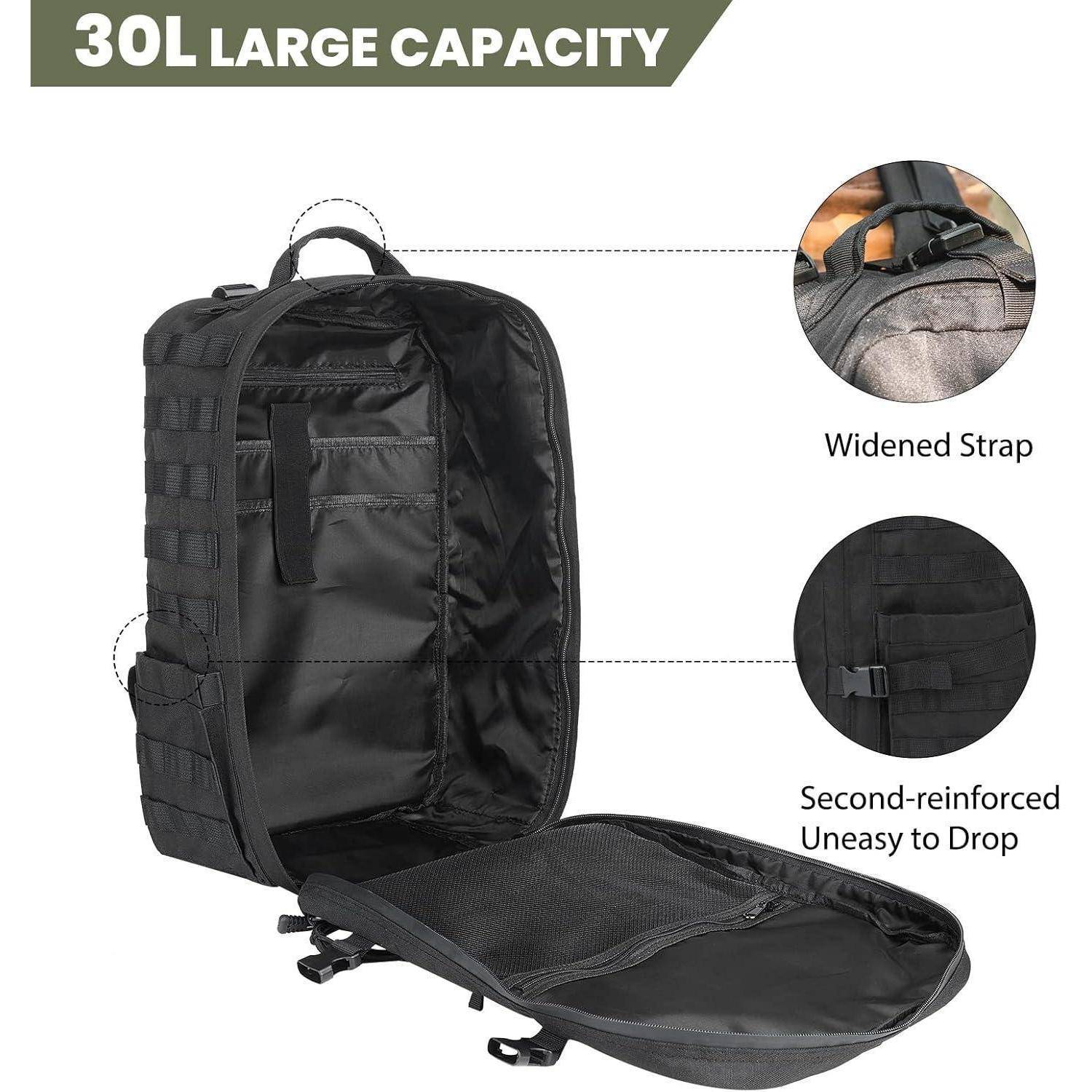 Schwarzer Rucksack geöffnet, der sein geräumiges Inneres zeigt, mit der Beschriftung '30L Großes Fassungsvermögen'. Eingesetzte Detailbilder heben einen verbreiterten Tragegurt und einen verstärkten Bodeneinsatz hervor.