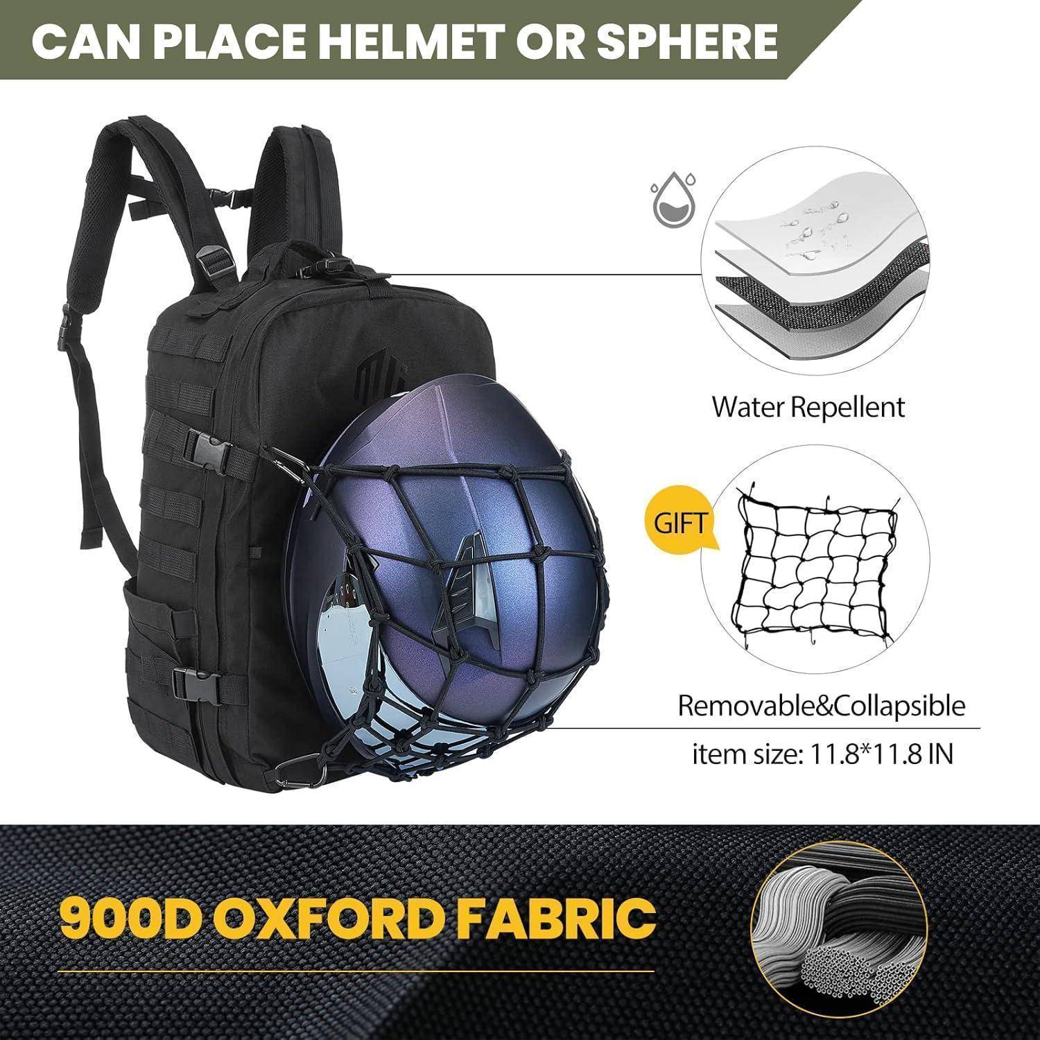 Ein schwarzer Rucksack mit einem Netzsegment, das einen Helm oder eine Kugel trägt, mit Details zur ‚wasserabweisenden' und ‚abnehmbaren & zusammenklappbaren' Netzstruktur.