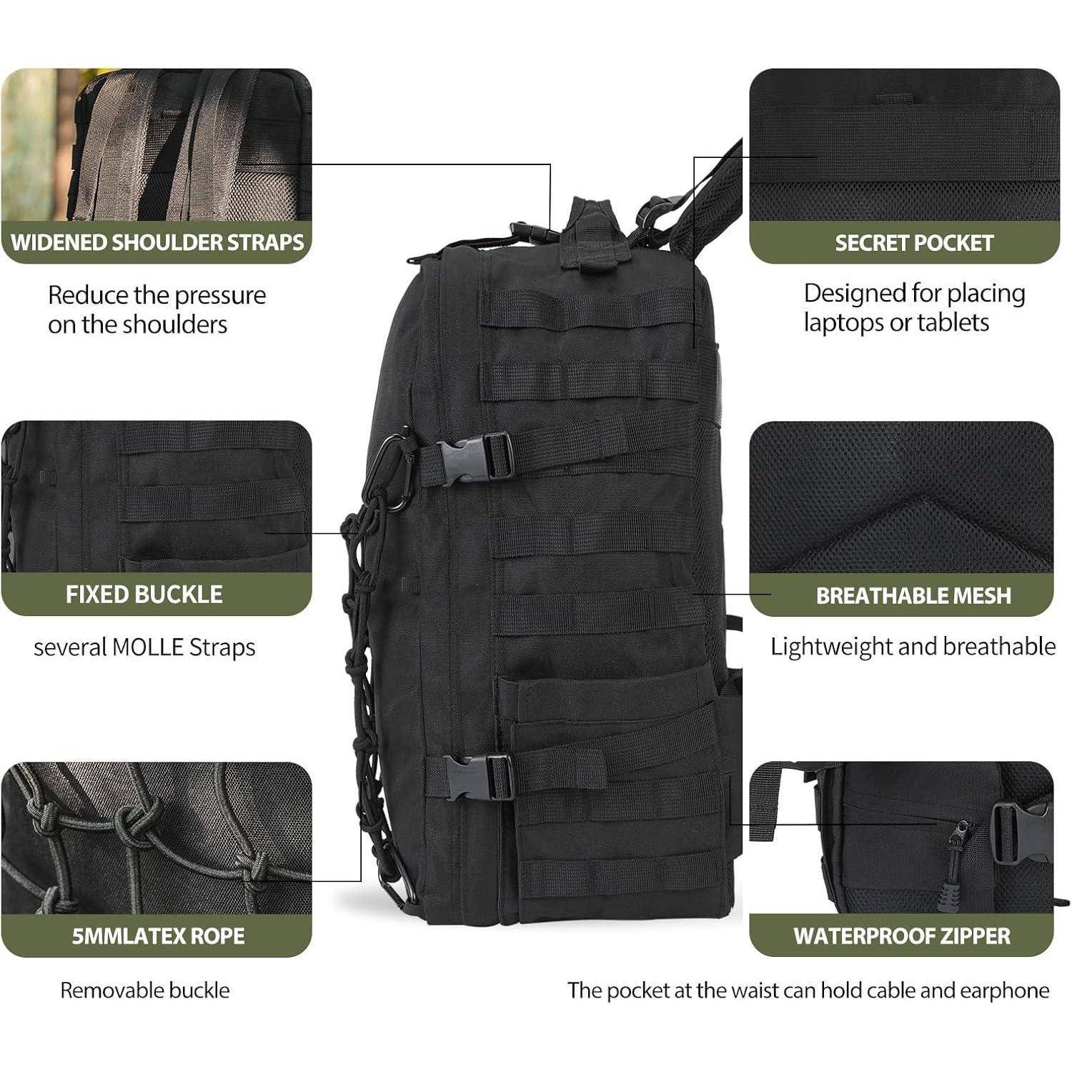 Ein schwarzer taktischer Rucksack mit hervorgehobenen Merkmalen: verbreiterte Schultergurte, geheime Tasche, fixierte Schnalle, atmungsaktives Mesh, 5mm Latexseil und wasserdichter Reißverschluss.