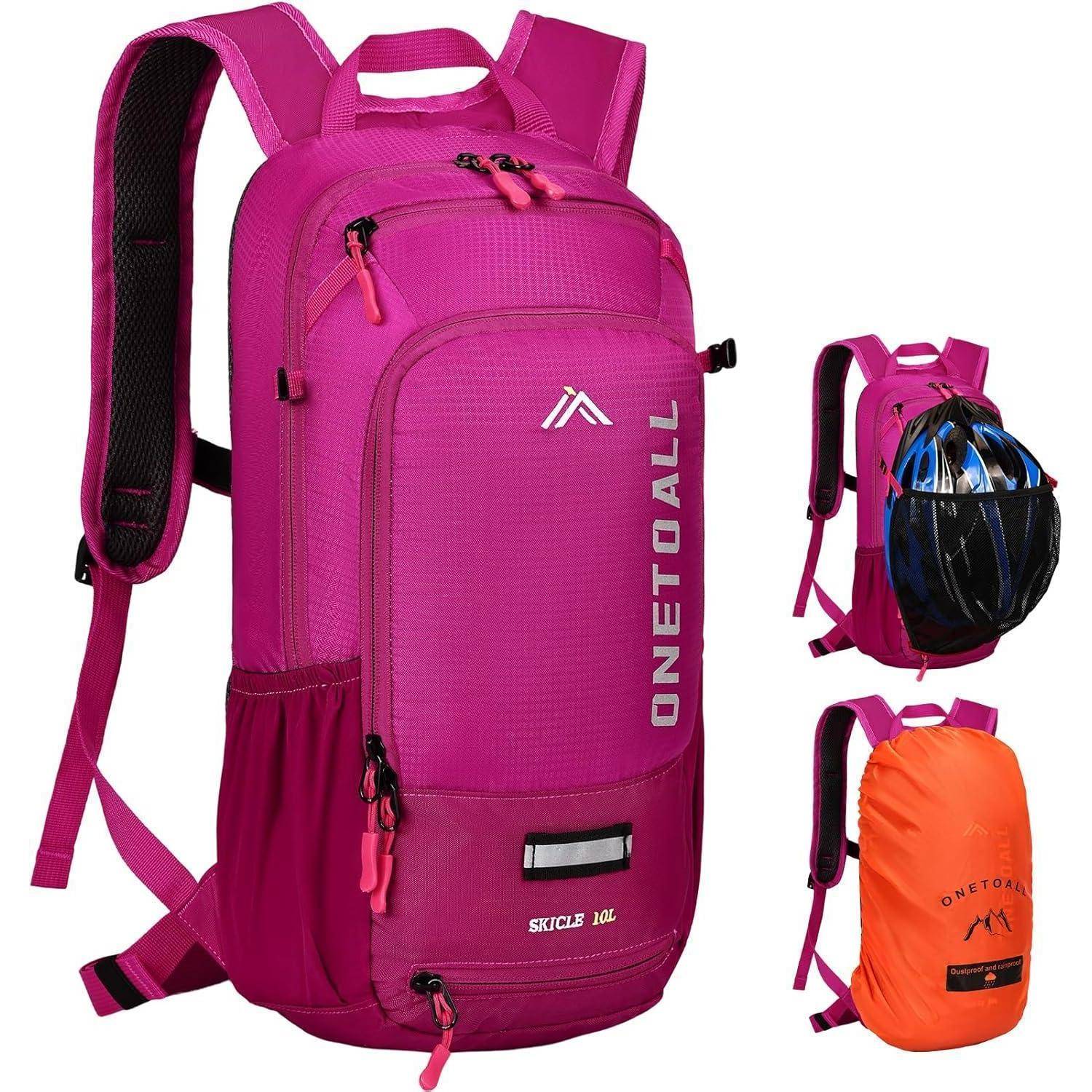 Rosa Wanderrucksack mit mehreren Fächern, 'ONETOALL' Logo und Helmhalterung. Seitenansicht zeigt Regenschutz in Orange.