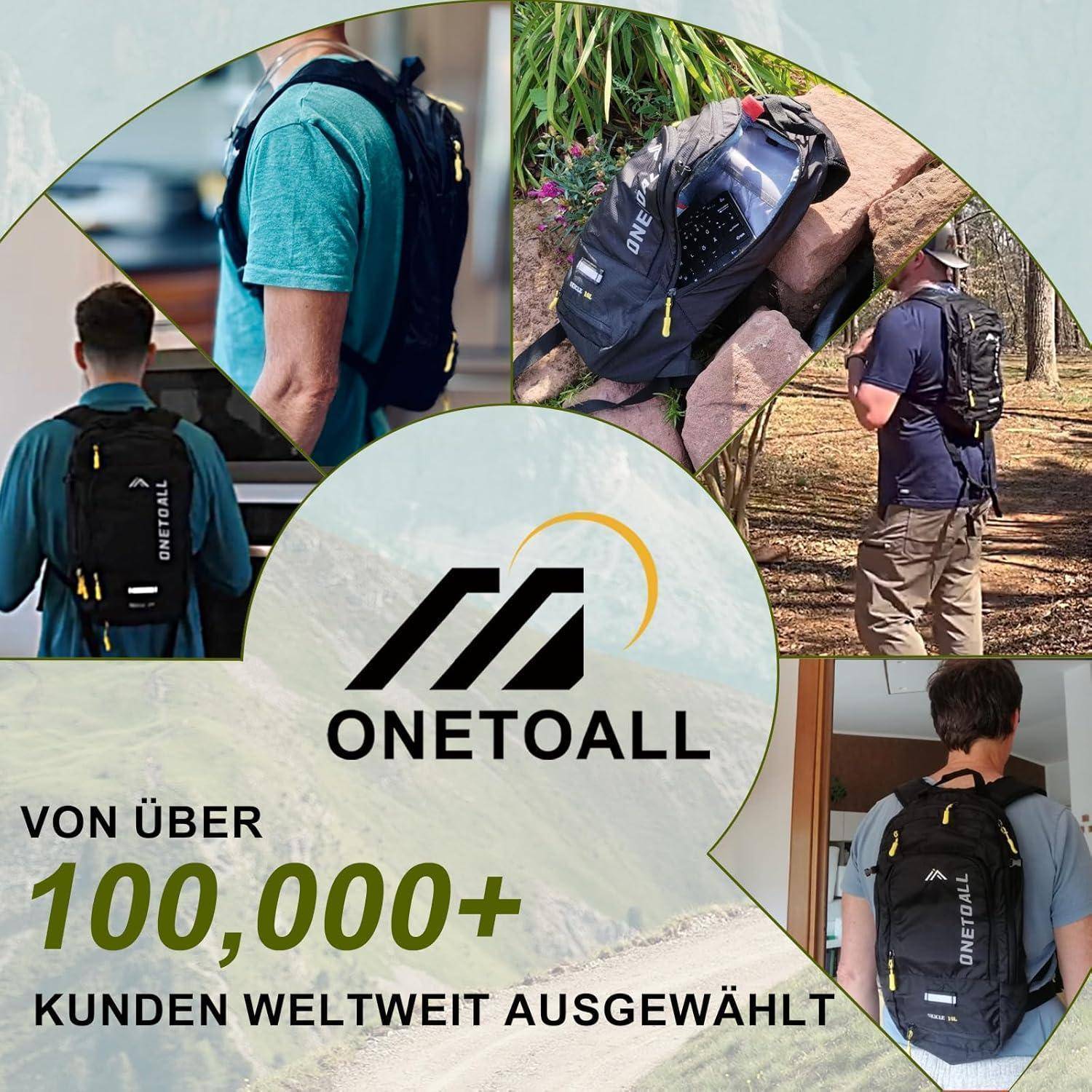 Menschen, die 'ONETOALL' Rucksäcke in verschiedenen Outdoor-Umgebungen nutzen. Der Text lautet: 'VON ÜBER 100.000+ KUNDEN WELTWEIT AUSGEWÄHLT'.