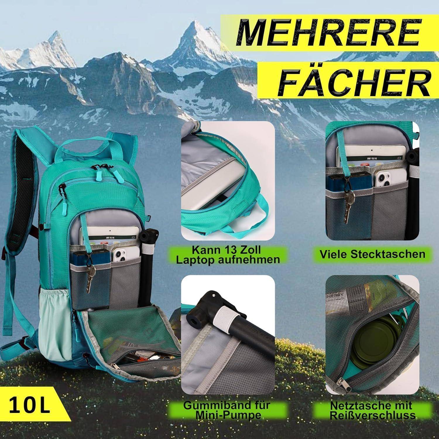 Fahrradrucksack 10L wasserdicht Helmnetz MTB Skirucksack Türkis