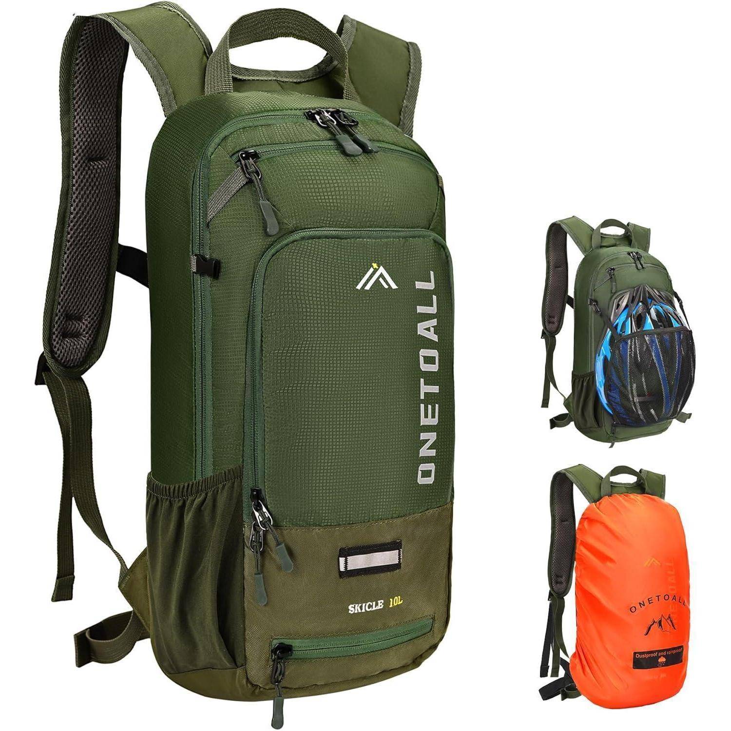 Grüner ONETOALL Rucksack mit schwarzer Netzpolsterung, Seitentasche und Logo. Kleinere Bilder zeigen dasselbe Modell in Orange und mit einem Helm.