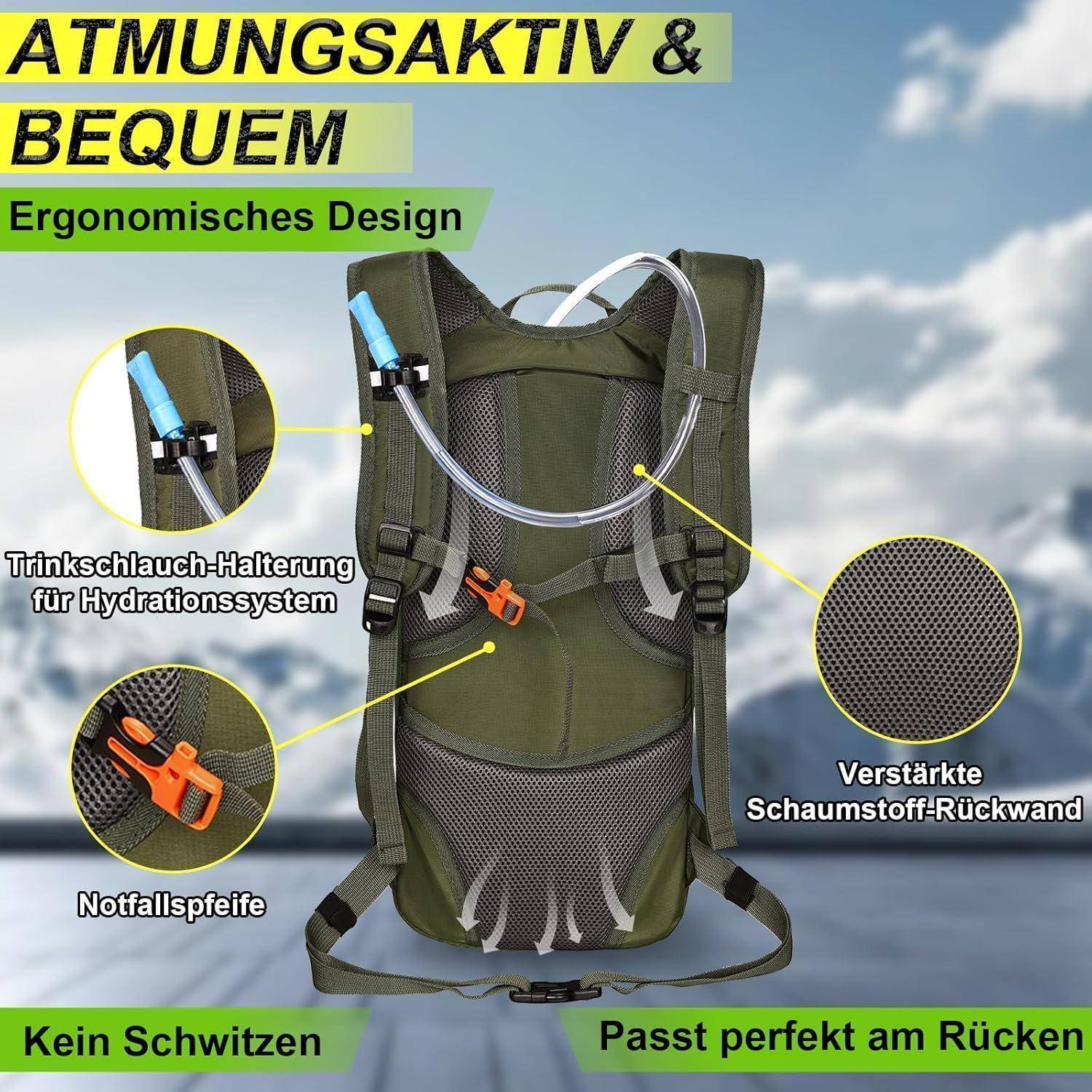Grüner Hydration-Rucksack mit Schlauch, ergonomisches Design, verstärkte Rückenplatte, Notfallpfeife und Schlauchhalter. Deutsche Etiketten.