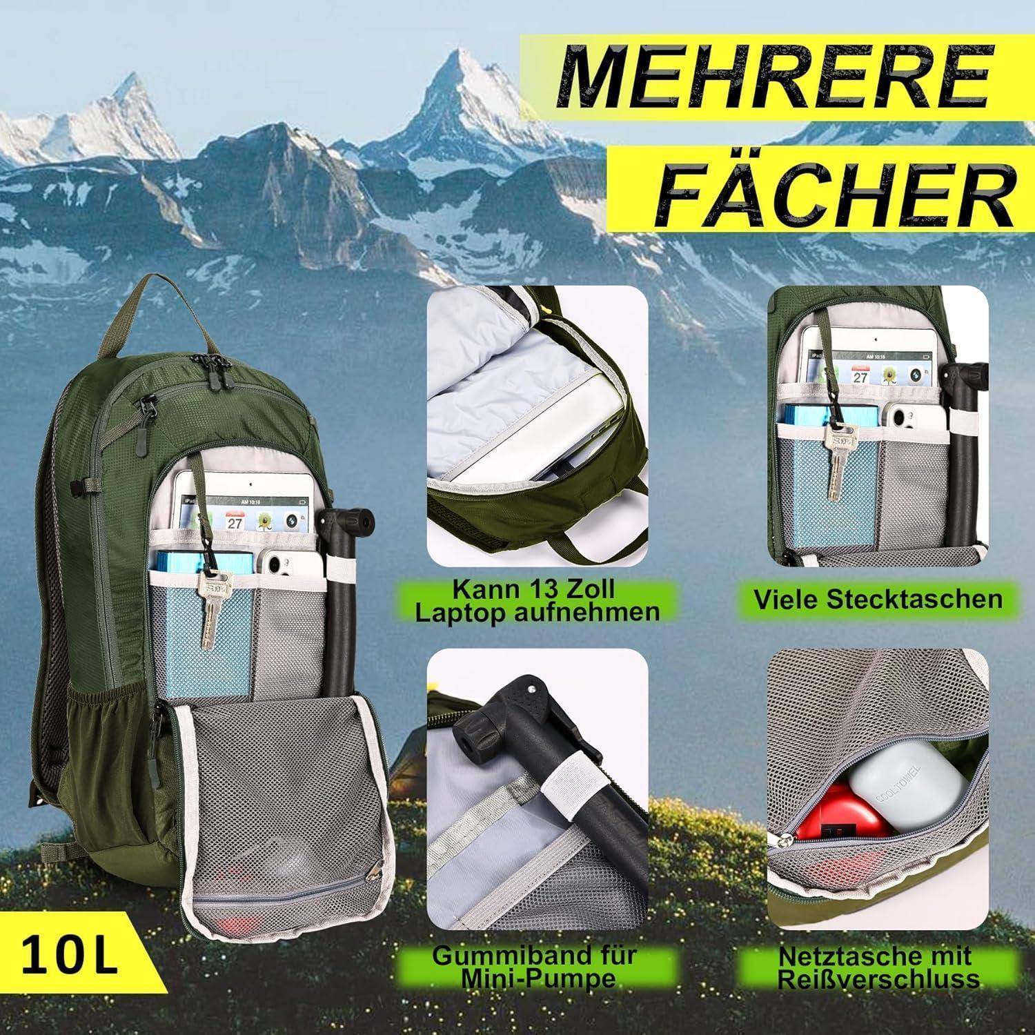 Ein grüner Rucksack mit mehreren Fächern wird vor einer Bergkulisse gezeigt. Etiketten heben Merkmale hervor: eine 13-Zoll-Laptoptasche, verschiedene Taschen, eine elastische Kordel für eine Mini-Pumpe und eine Mesh-Reißverschlusstasche. Der Text besagt „MEHRERE FÄCHER
