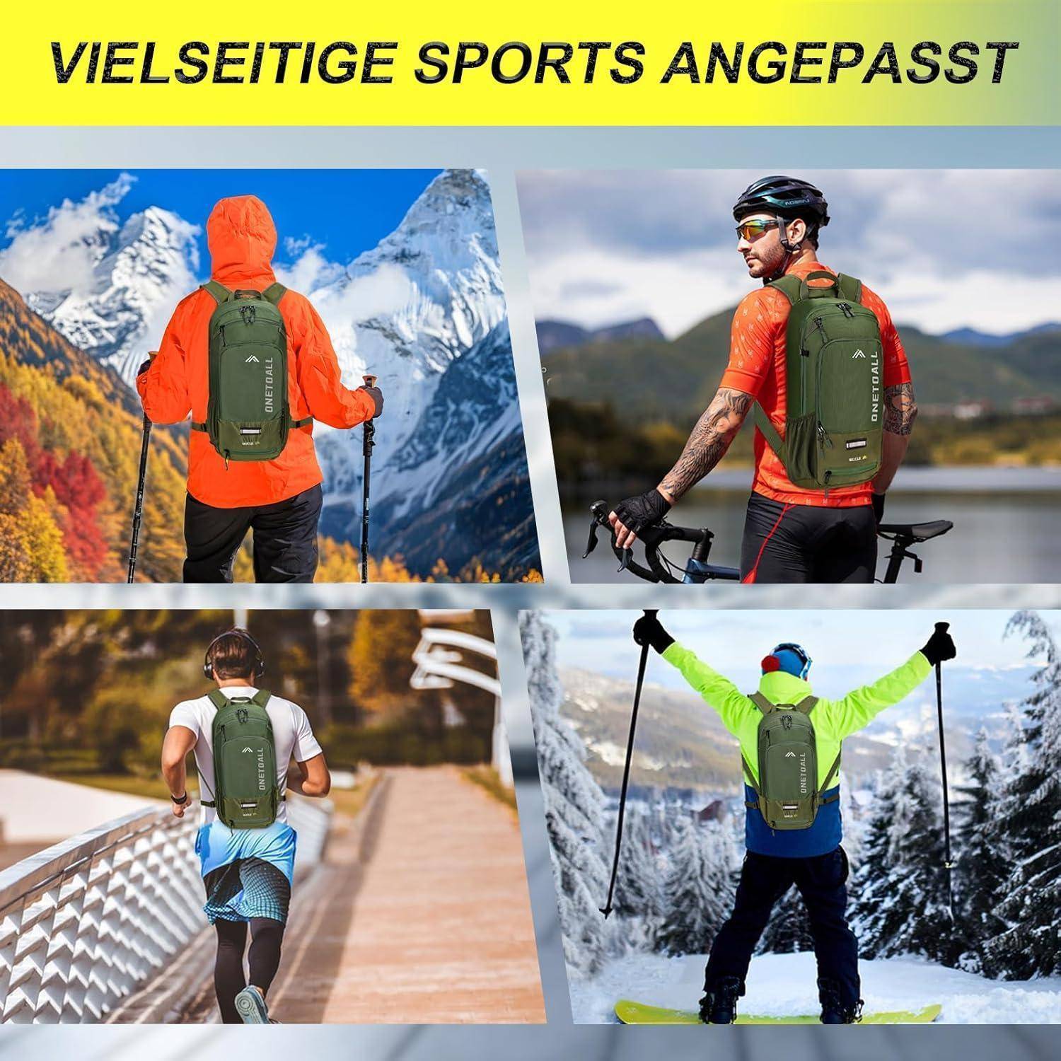Vier Bilder von Personen mit Rucksack-Trinkrucksäcken, die verschiedene Outdoor-Sportarten ausüben: Wandern, Radfahren, Laufen und Skifahren. Text lautet 'Vielseitige Sports Angepasst'.