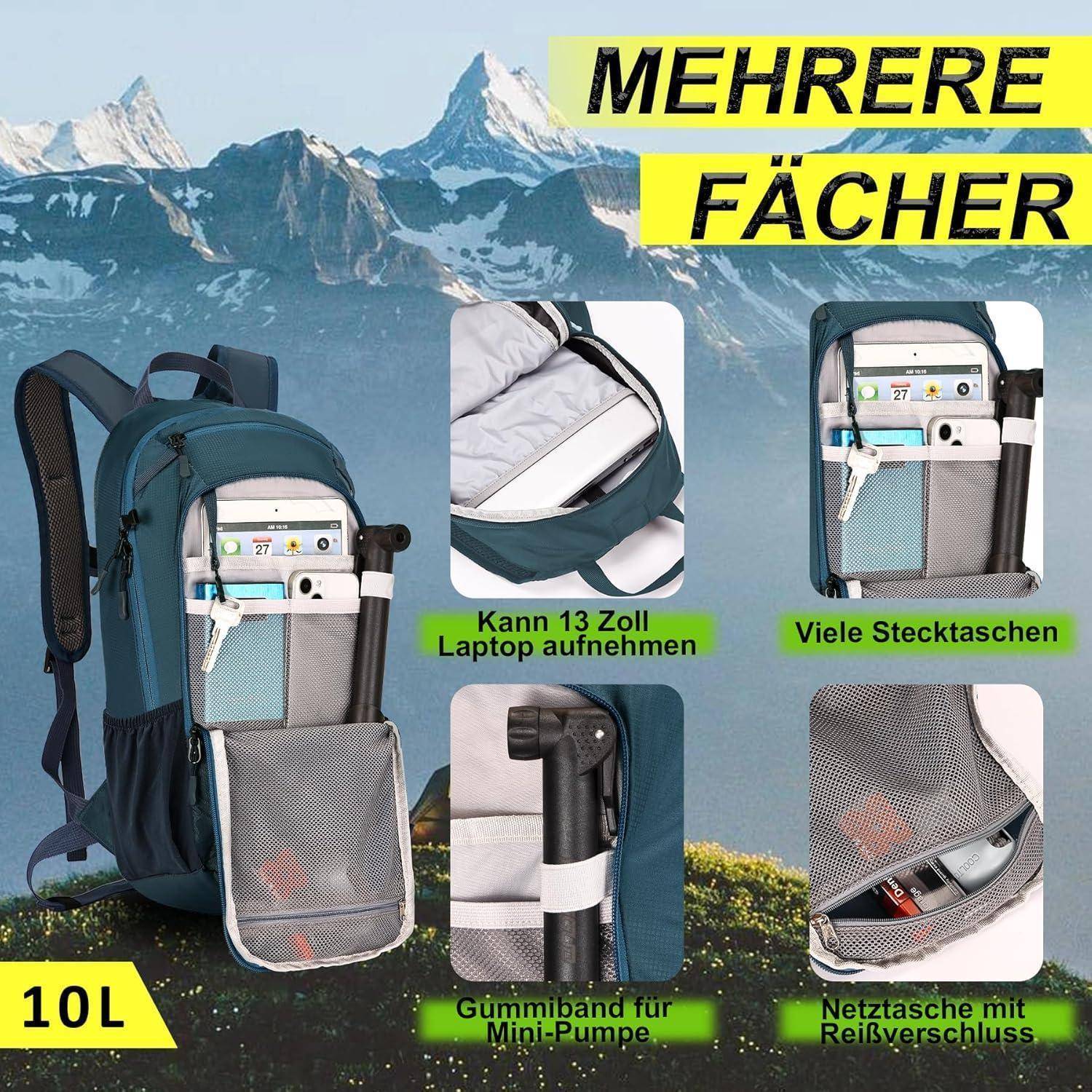 Fahrradrucksack MTB 10L Helmnetz Regenschutz Wasserdicht Blau