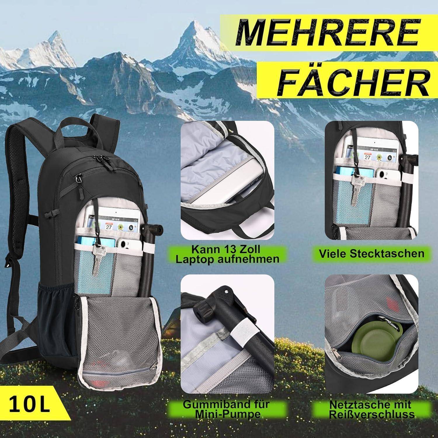 Fahrradrucksack 10L MTB Helmnetz Regenschutz Damen Grau mit Trinkblase