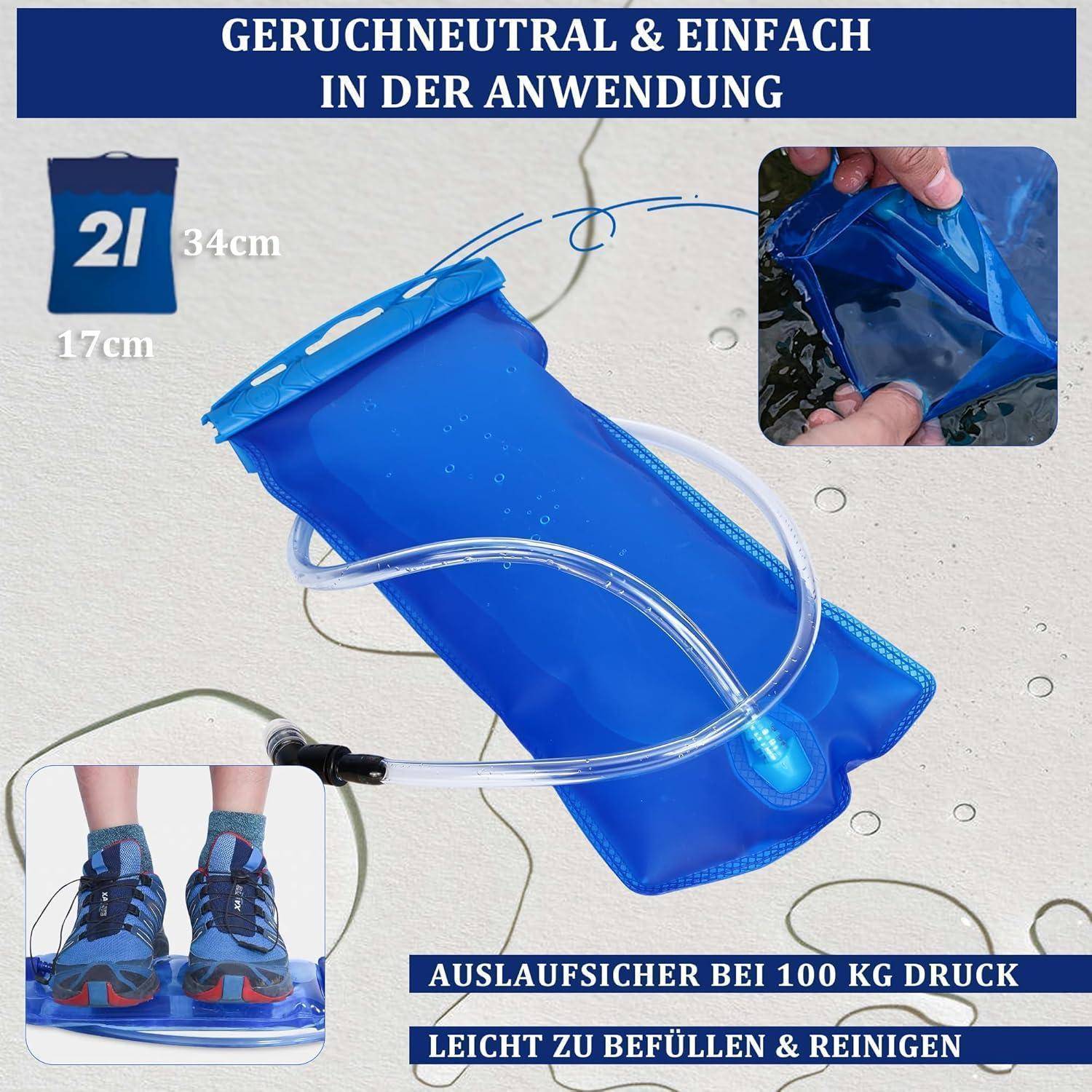 Ein blauer 2-Liter-Wasserbehälter wird mit den Abmessungen 34 cm x 17 cm dargestellt. Er verfügt über einen Schlauch und wird als auslaufsicher und einfach zu befüllen beschrieben.