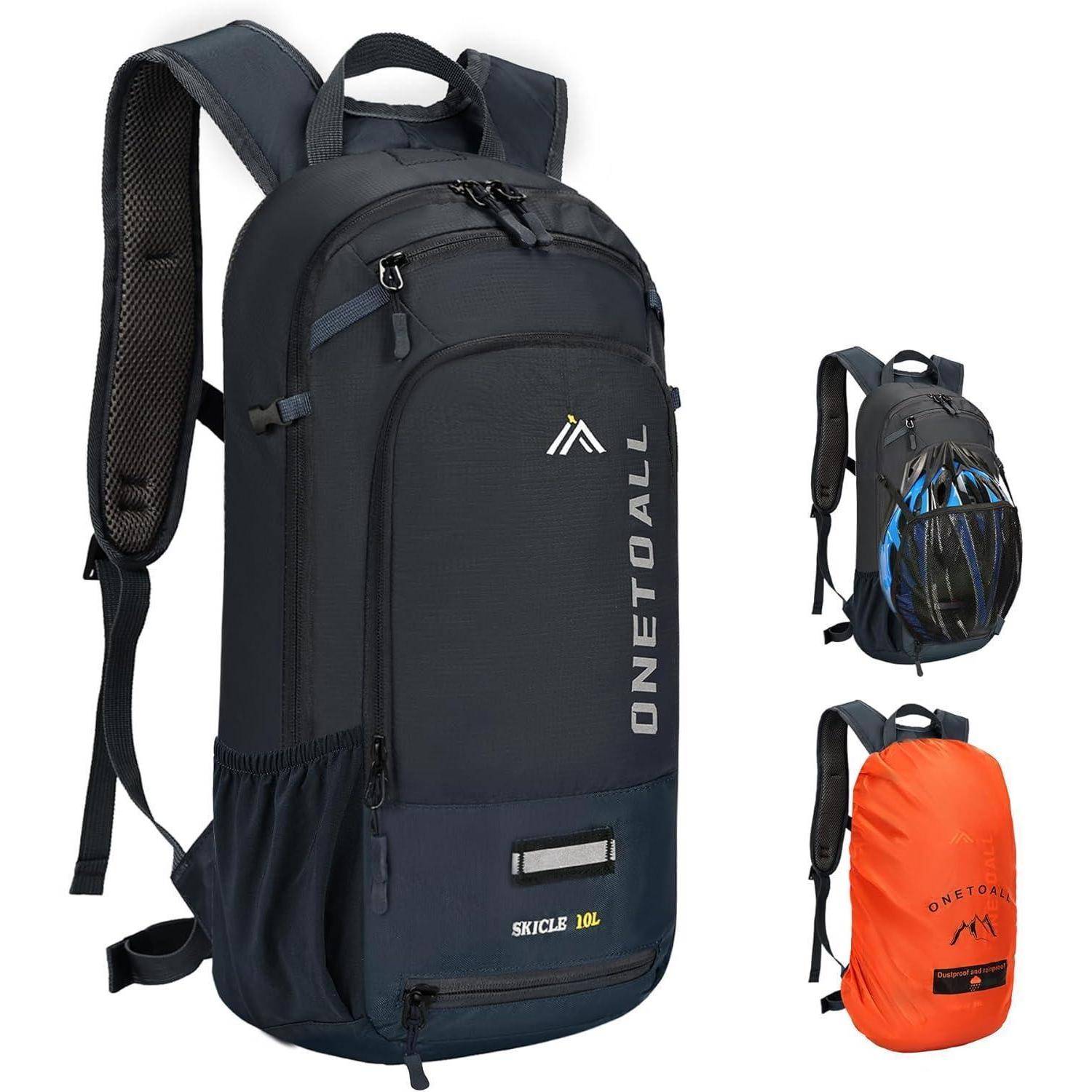 Ein großer schwarzer Rucksack mit 'ONETOALL'- und 'SKICLES 10L'-Beschriftung, neben einem kleineren schwarzen und orangefarbenen Rucksack, der verschiedene Varianten präsentiert.