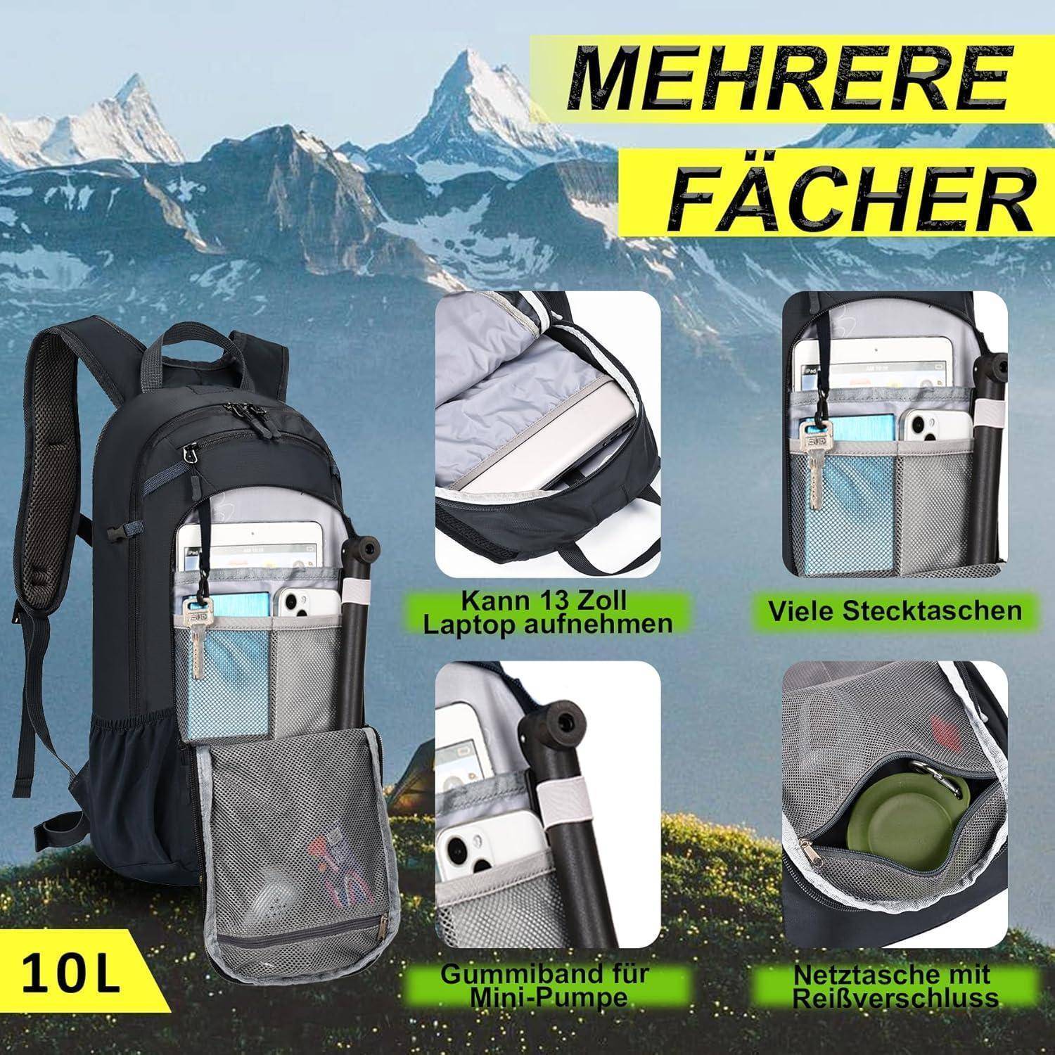 Fahrradrucksack Regenschutz Helmnetz MTB 10L Blaugrau mit Trinkblase