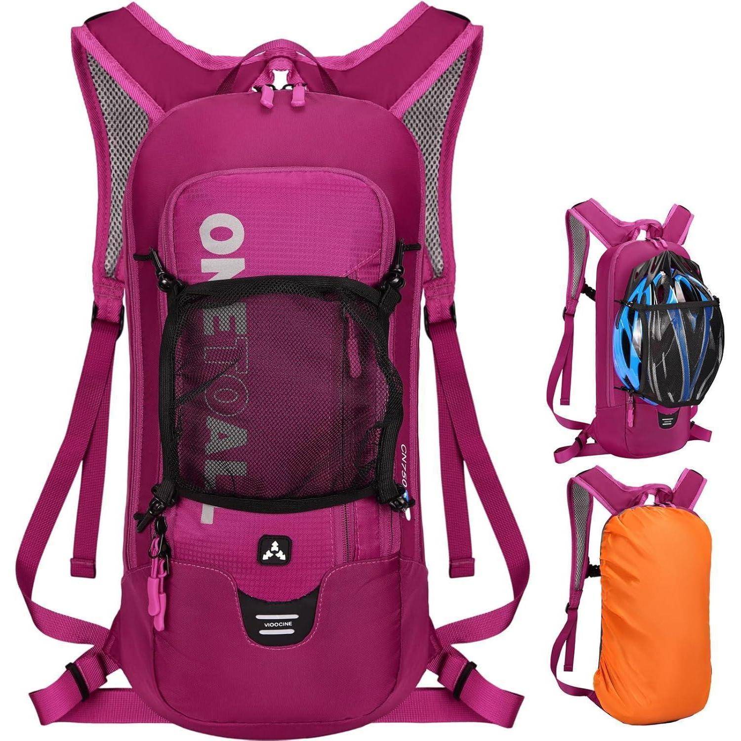Rosa Hydration-Rucksack mit schwarzer Mesh-Tasche, auf dem der Schriftzug 'ONE TO ALL' angebracht ist, Seitenansichten zeigen Helmhalterung und kompakte orange Aufbewahrungstasche.