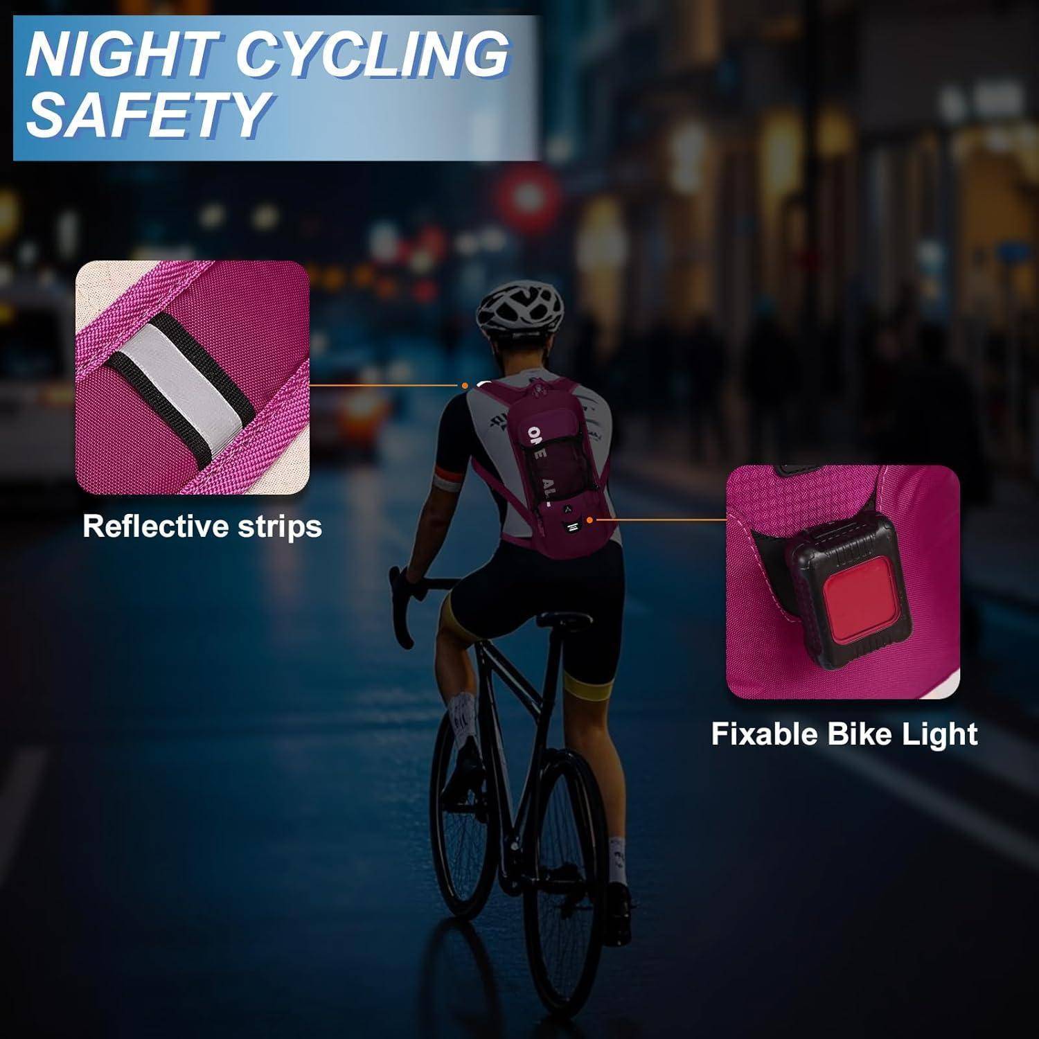 Radfahrer bei Nacht mit reflektierenden Streifen und einem befestigbaren Fahrradlicht; betont die Verkehrssicherheit beim Radfahren in der Dunkelheit.