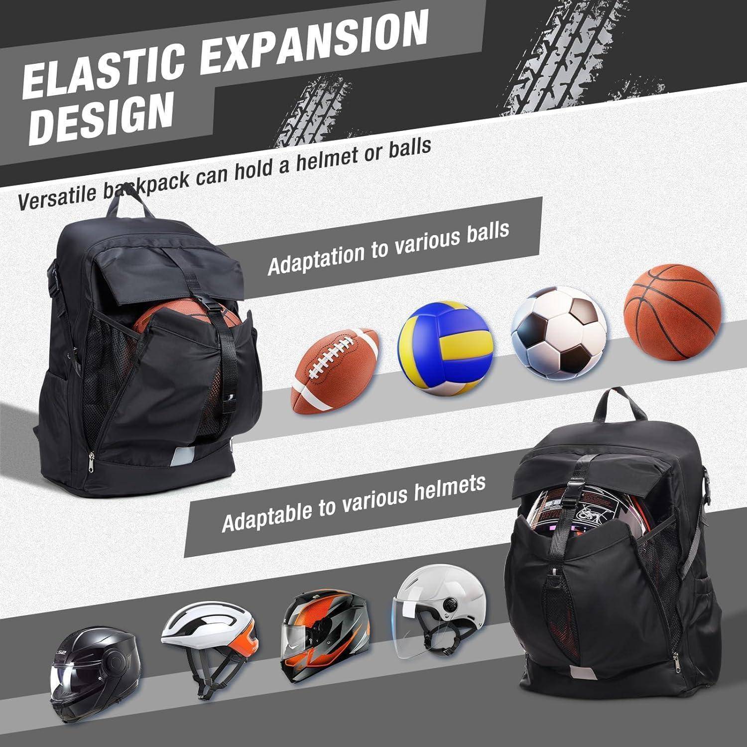 Ein Rucksack mit 'Elastischer Erweiterungsdesign' hält verschiedene Bälle und Helme, einschließlich Fußball, Basketball und mehrerer Helmtypen.