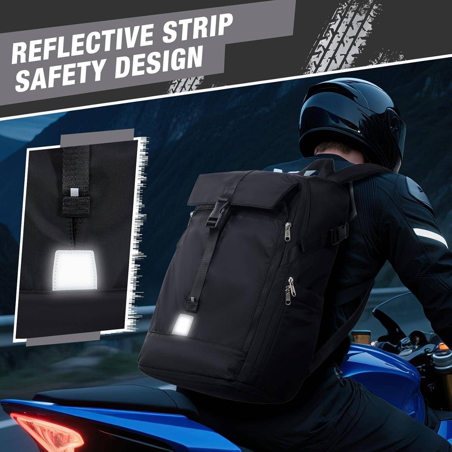 Ein Motorradfahrer trägt einen Rucksack mit reflektierenden Streifen, der durch ein eingefügtes Bild des Streifens hervorgehoben wird und das Sicherheitsdesign bei Nacht betont.