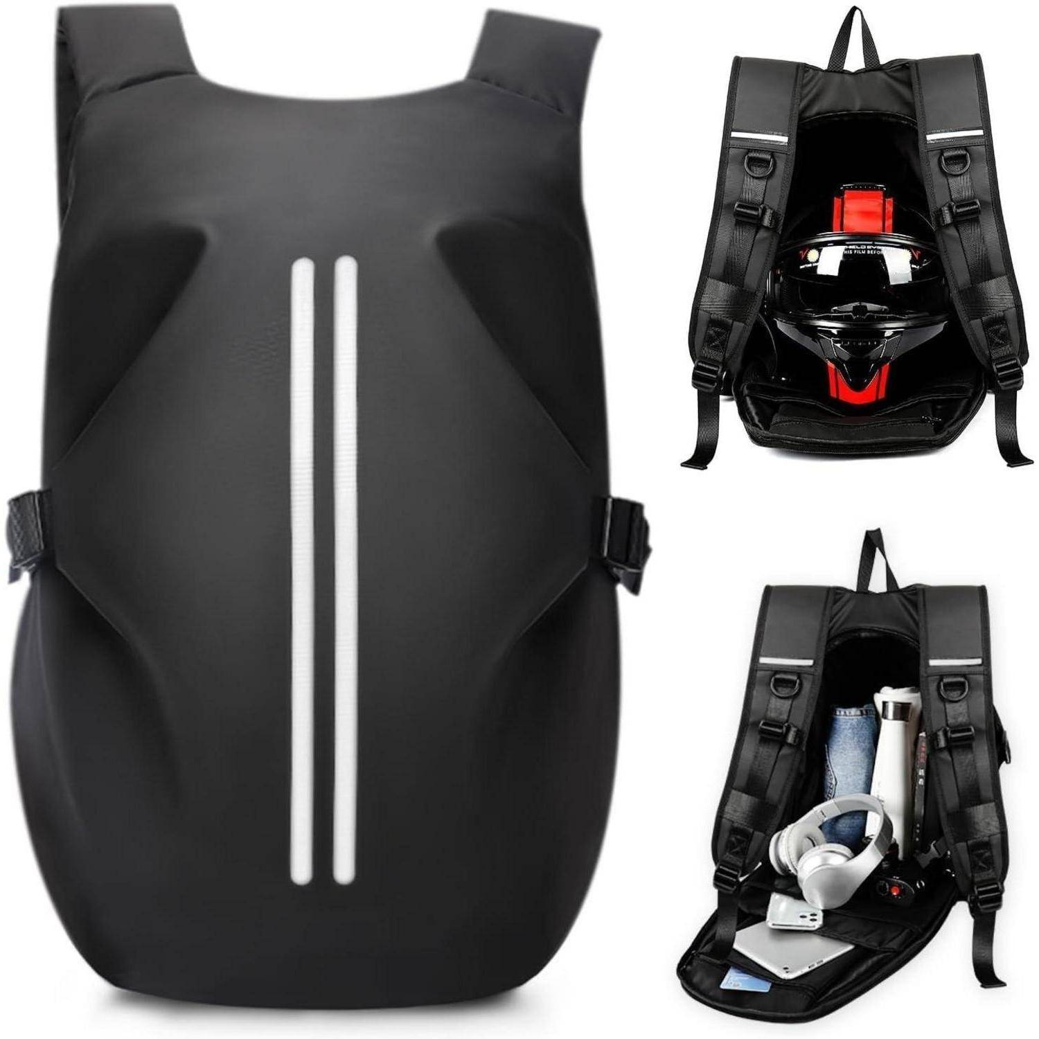 Schwarzer Rucksack mit reflektierenden Streifen, von vorne gezeigt. Einblendungen zeigen Inhalt im Inneren: Ein Helm in einer Einblendung, eine Wasserflasche, Kopfhörer und ein Tablet in einer anderen.