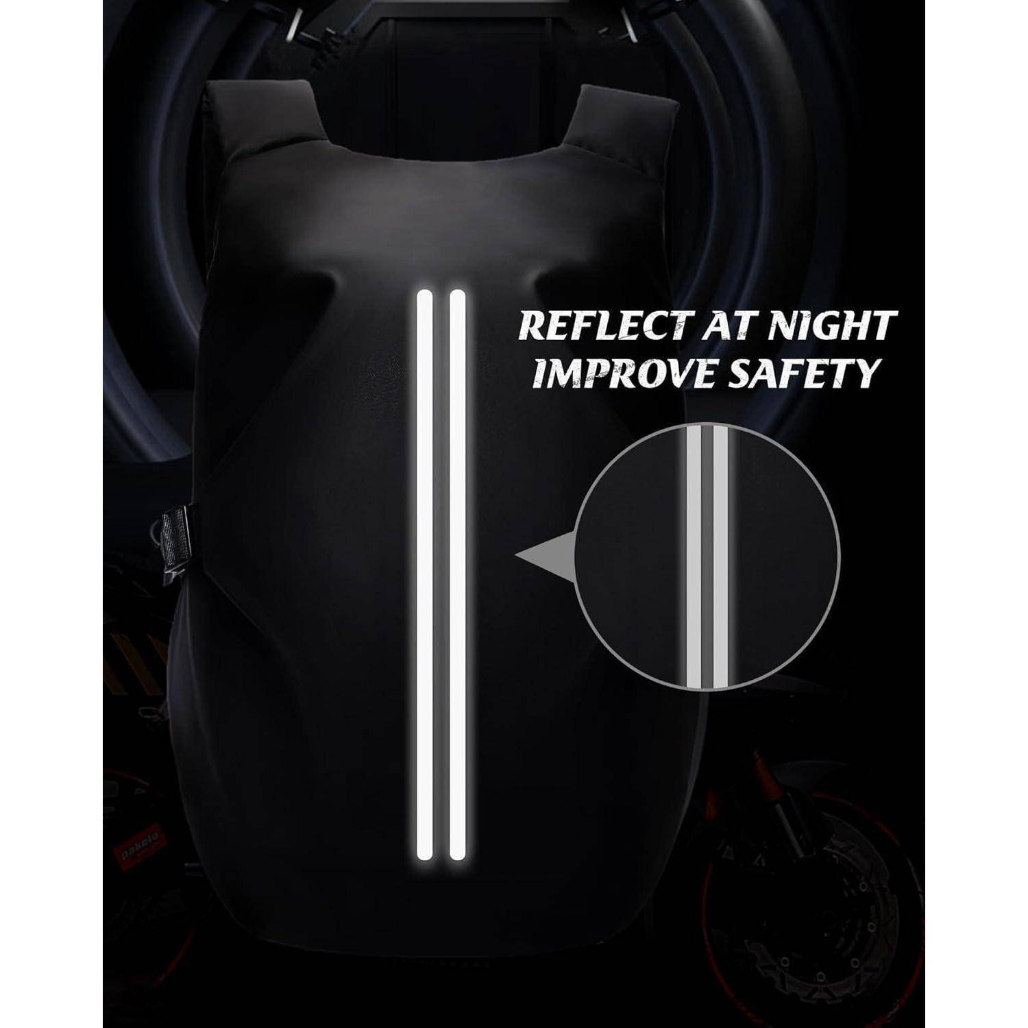 Ein schwarzer Rucksack mit reflektierenden Streifen, der seine Sicherheitsfunktion für bessere Sichtbarkeit bei Nacht hervorhebt. Text lautet: 