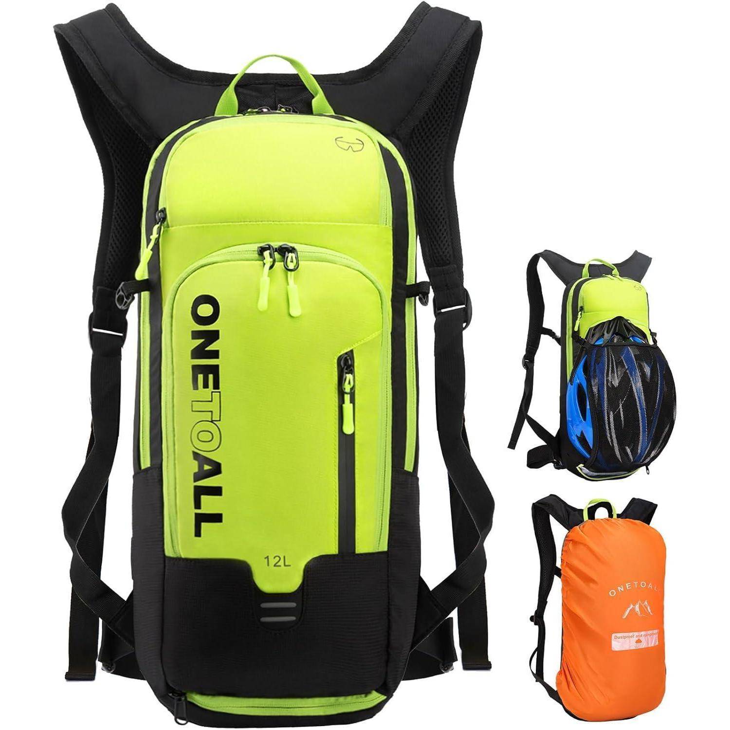 Grüner und schwarzer 12-Liter-Rucksack mit 'ONE TO ALL' Schriftzug, ausgestattet mit einem Helmhalter und mehreren Fächern. Zusätzliche Ansicht mit orangefarbener Abdeckung.