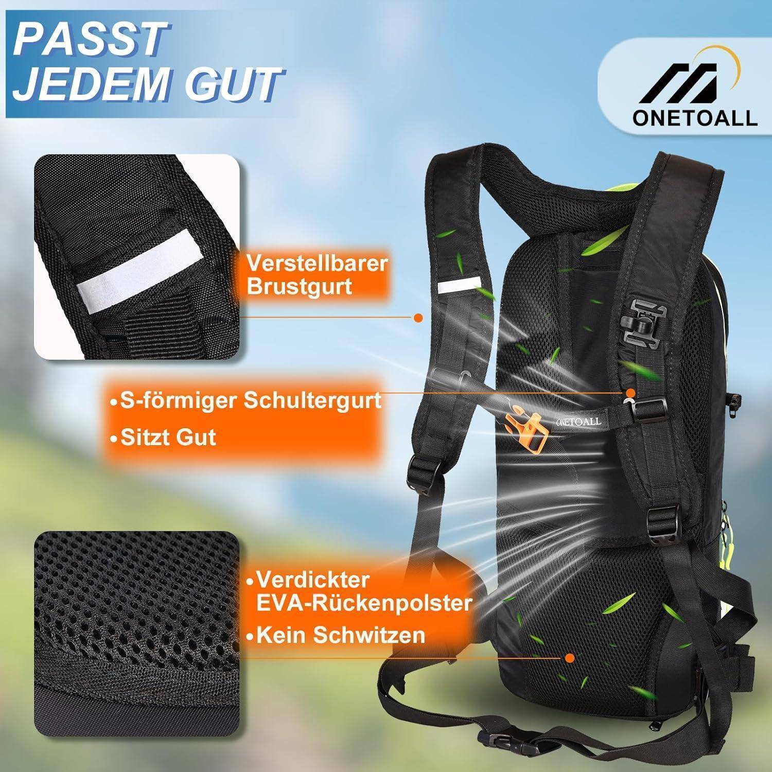 Ein schwarzer Rucksack mit verstellbarem Brustgurt, S-förmigen Schultergurten und verstärkter EVA-Rückenpolsterung, vor einer malerischen Landschaft präsentiert.