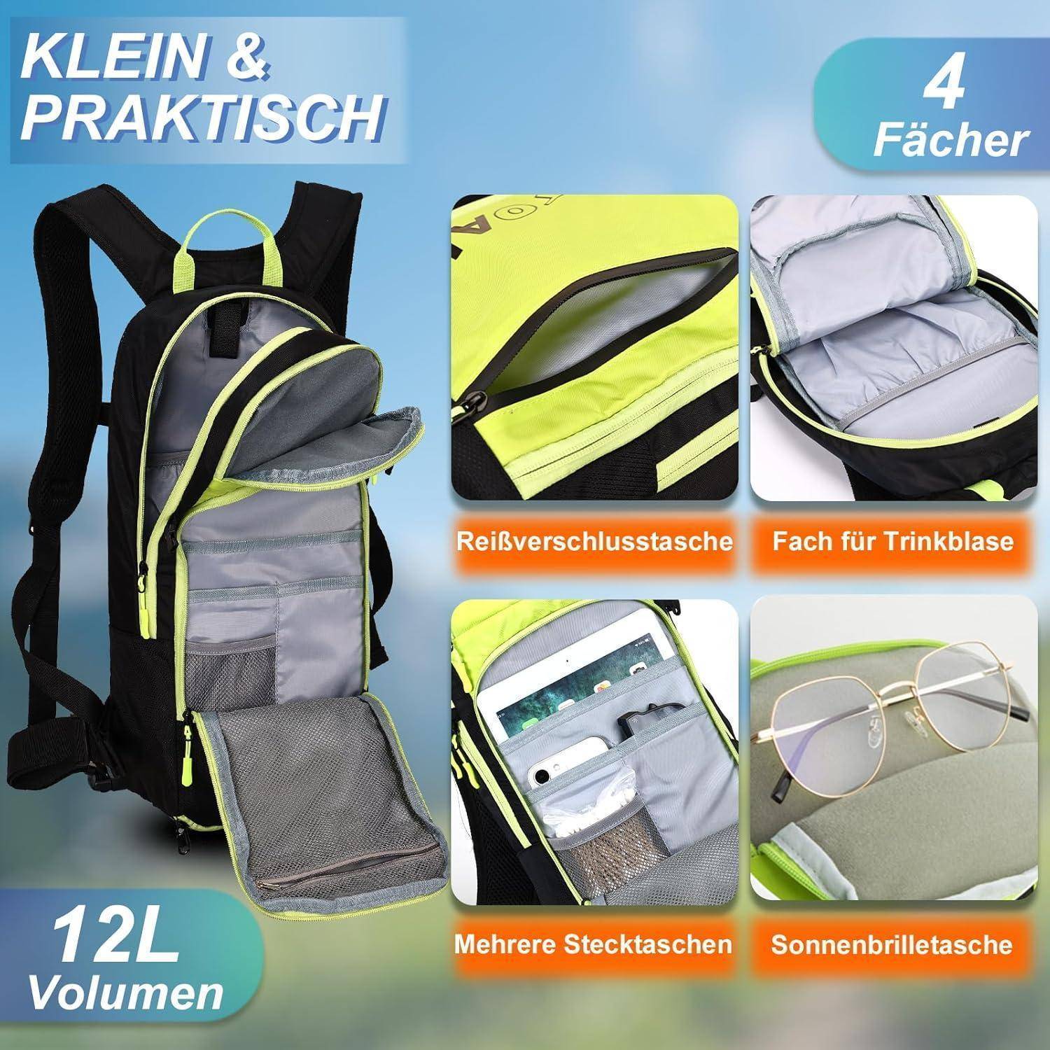 Ein kompakter schwarzer und gelber Rucksack mit 4 Fächern, einschließlich Reißverschlussfächern und Taschen für einen Trinkbeutel, Handy und Sonnenbrille. 12 Liter Fassungsvermögen, mit der Aufschrift 'Klein & Praktisch'.