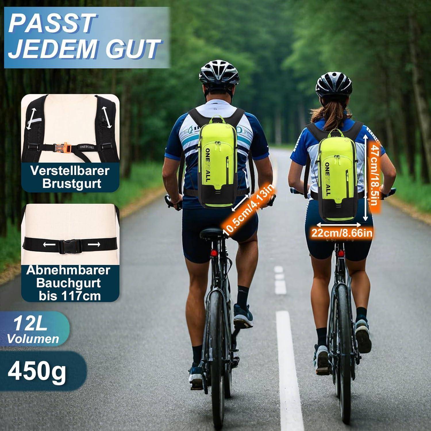Zwei Radfahrer auf einem Weg, die Rucksäcke tragen. Texthervorhebungen zeigen Merkmale: verstellbarer Brustgurt, abnehmbarer Hüftgurt bis zu 117 cm, 12 L Volumen und 450 g Gewicht.