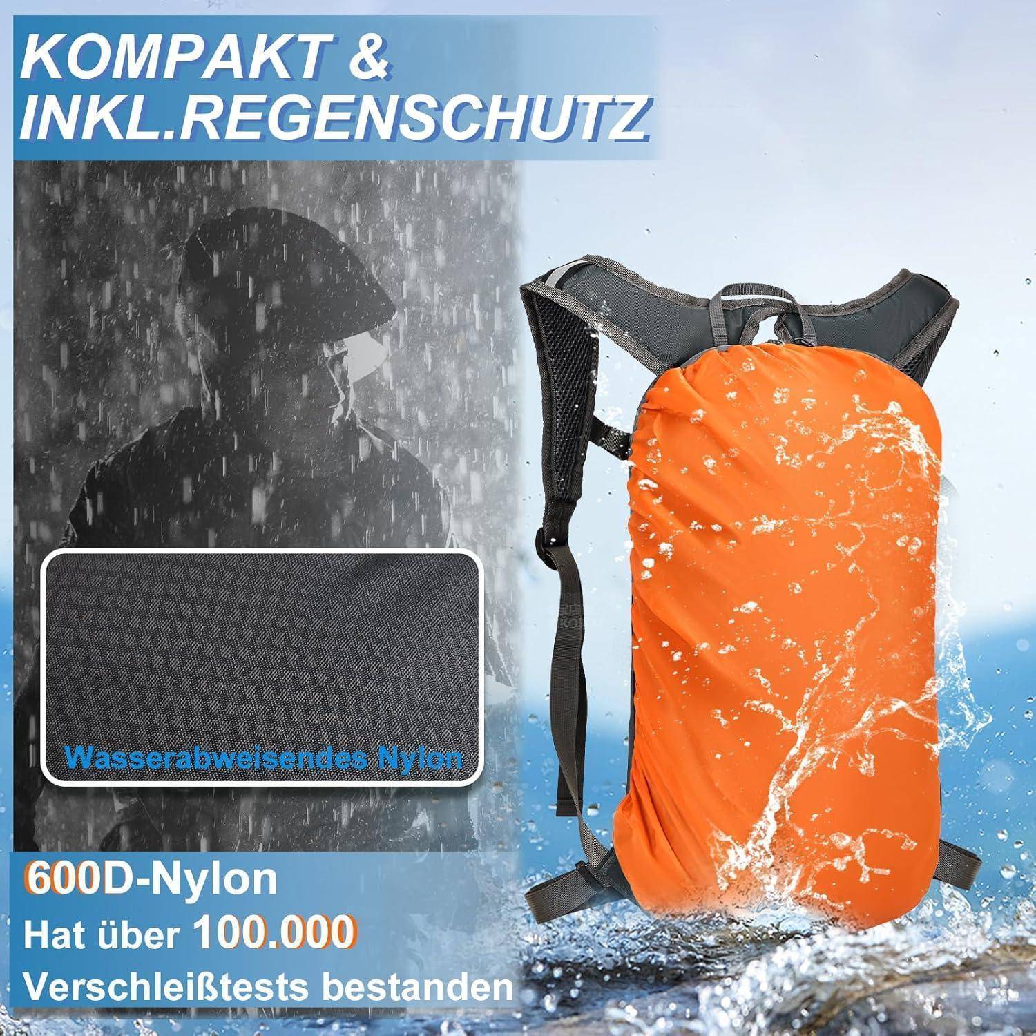 Orangefarbener Rucksack mit wasserabweisender Abdeckung im Einsatz. Hervorgehobene Merkmale: kompakt, Regenschutz, strapazierfähiges 600D-Nylon, Verschleißtests bestanden.